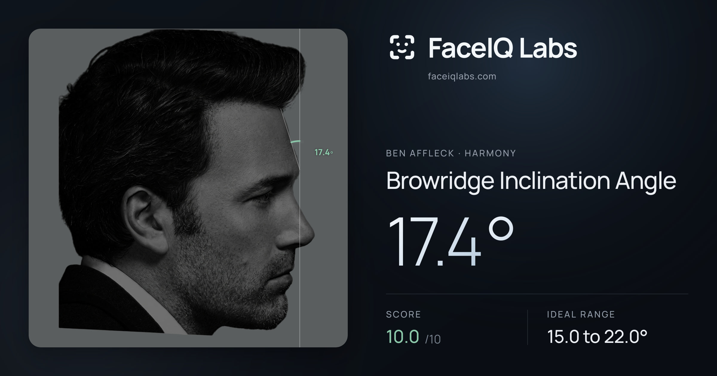 Ben Affleck Browridge Inclination Angle: 17.4°, drawn on the photo
