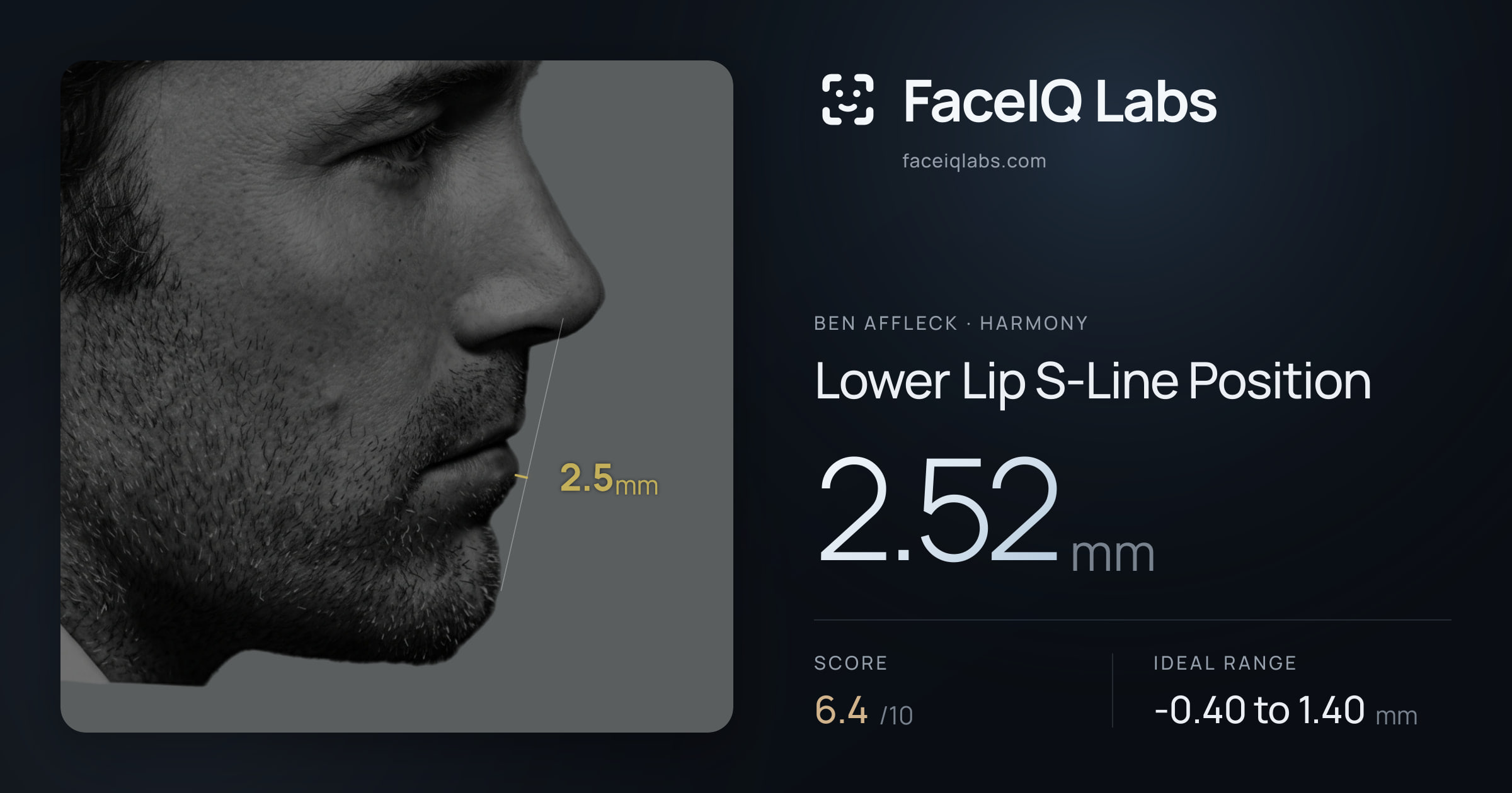 Ben Affleck Lower Lip S-Line Position: 2.52mm, drawn on the photo