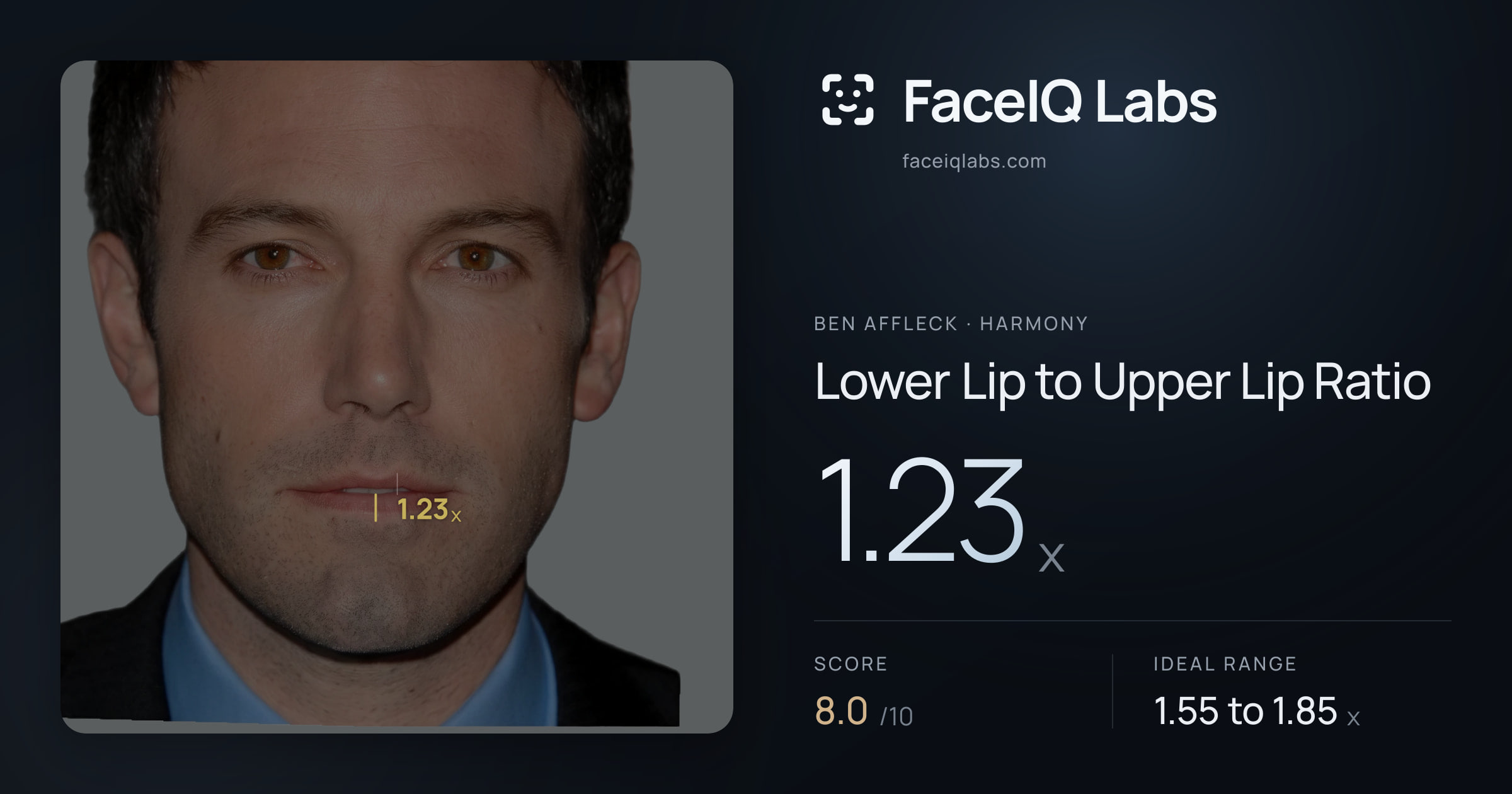 Ben Affleck Lower Lip to Upper Lip Ratio: 1.23x, drawn on the photo