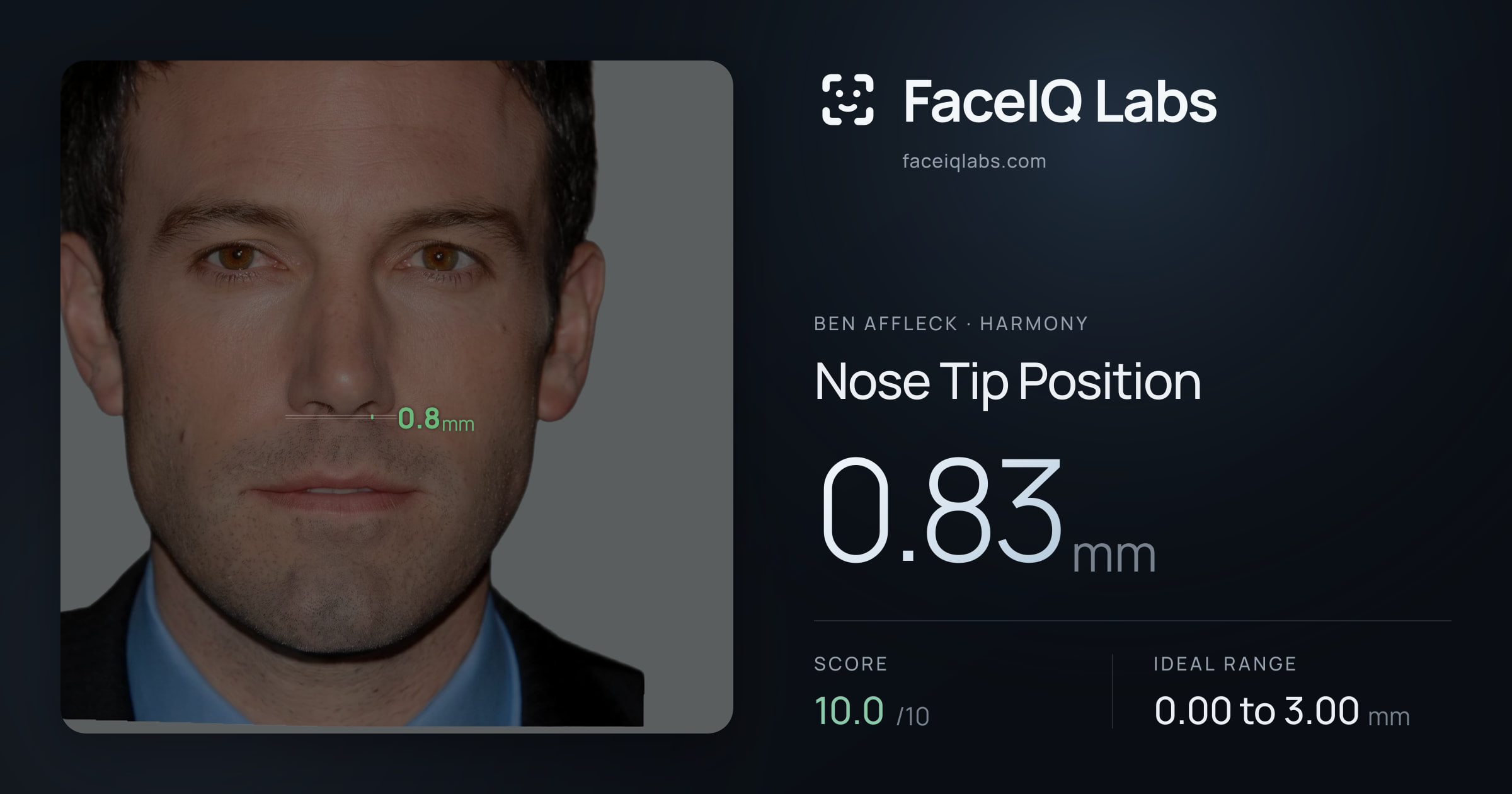 Ben Affleck Nose Tip Position: 0.83mm, drawn on the photo