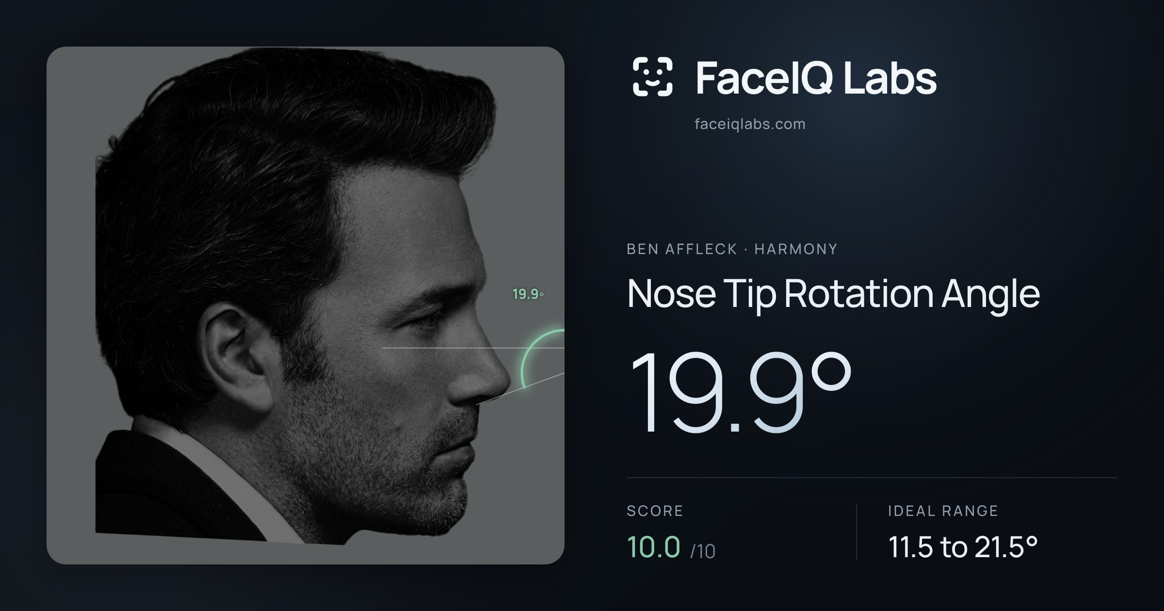 Ben Affleck Nose Tip Rotation Angle: 19.9°, drawn on the photo