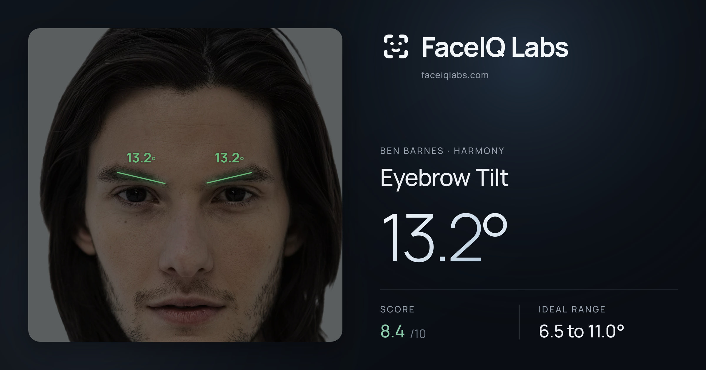 Ben Barnes Eyebrow Tilt: 13.2°, drawn on the photo