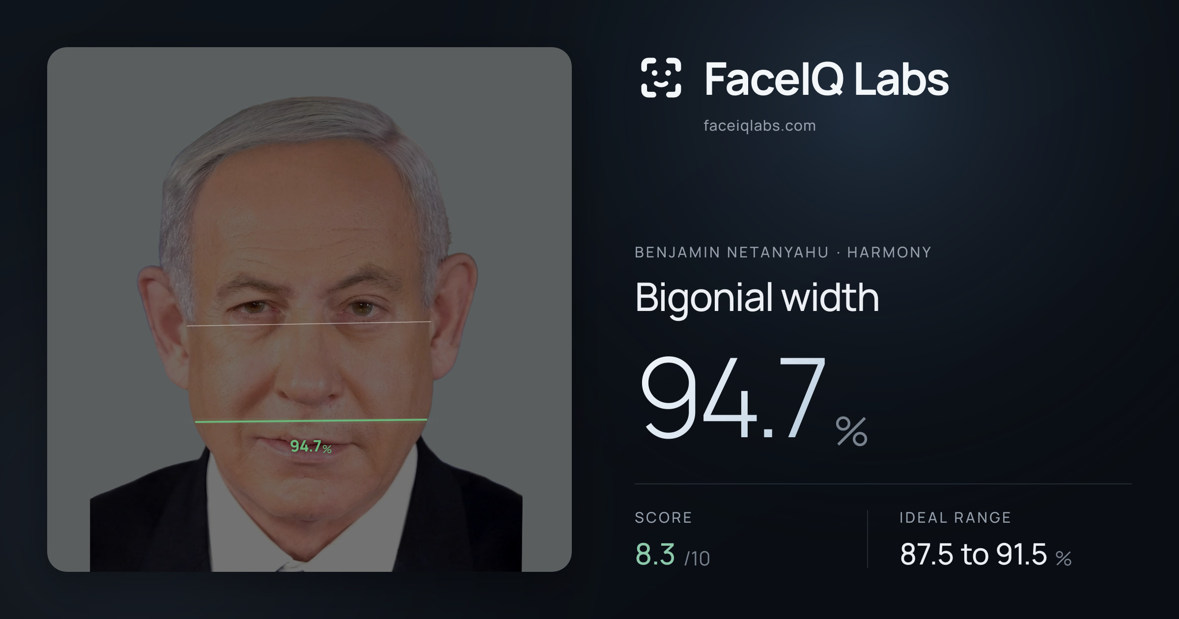 Benjamin Netanyahu Bigonial width: 94.7%, drawn on the photo
