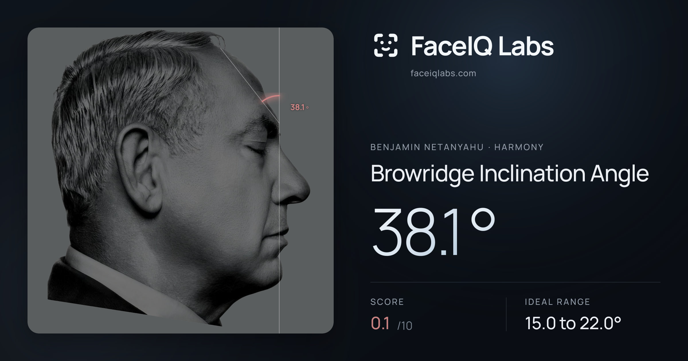 Benjamin Netanyahu Browridge Inclination Angle: 38.1°, drawn on the photo