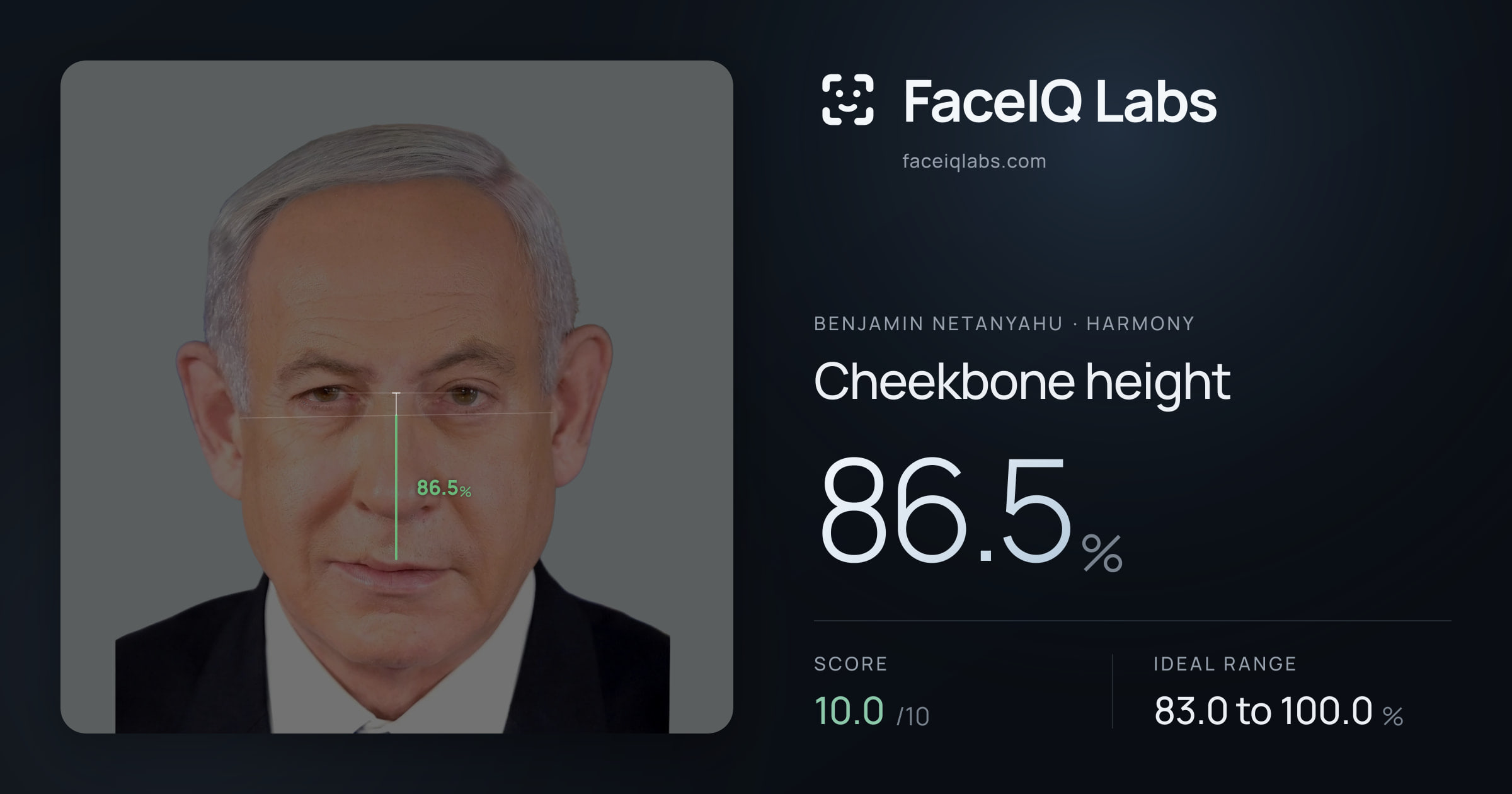 Benjamin Netanyahu Cheekbone height: 86.5%, drawn on the photo
