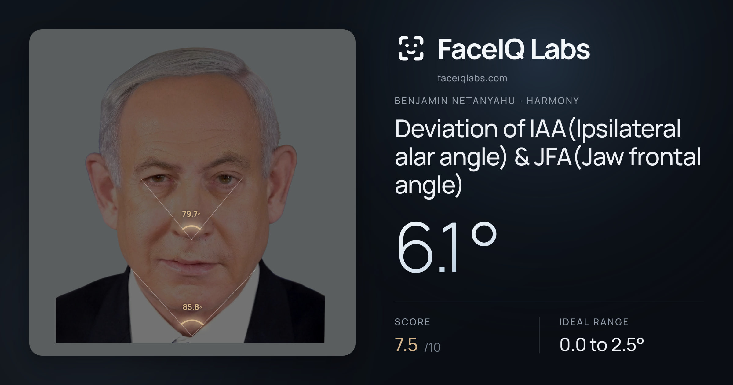 Benjamin Netanyahu Deviation of IAA(Ipsilateral alar angle) & JFA(Jaw frontal angle): 6.1°, drawn on the photo