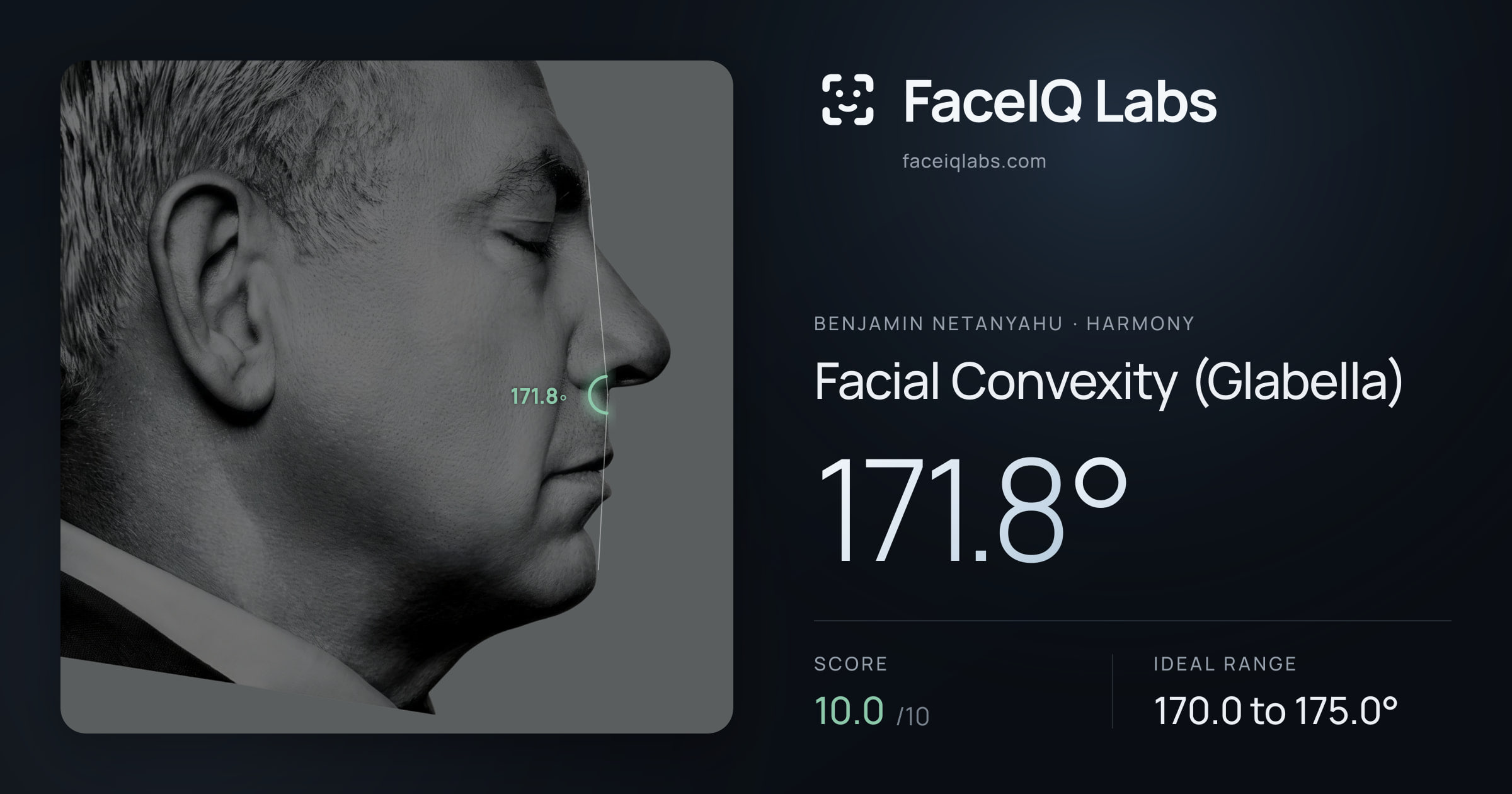 Benjamin Netanyahu Facial Convexity (Glabella): 171.8°, drawn on the photo
