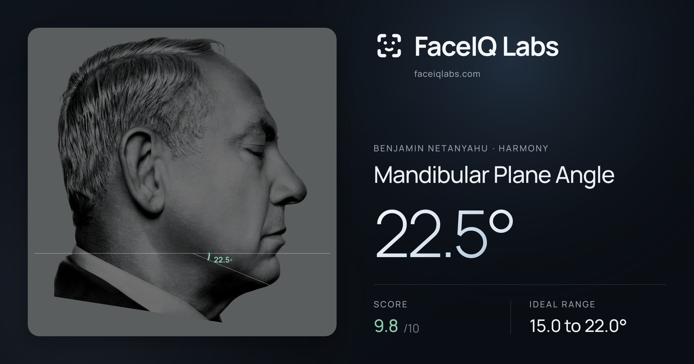 Benjamin Netanyahu Mandibular Plane Angle: 22.5°, drawn on the photo