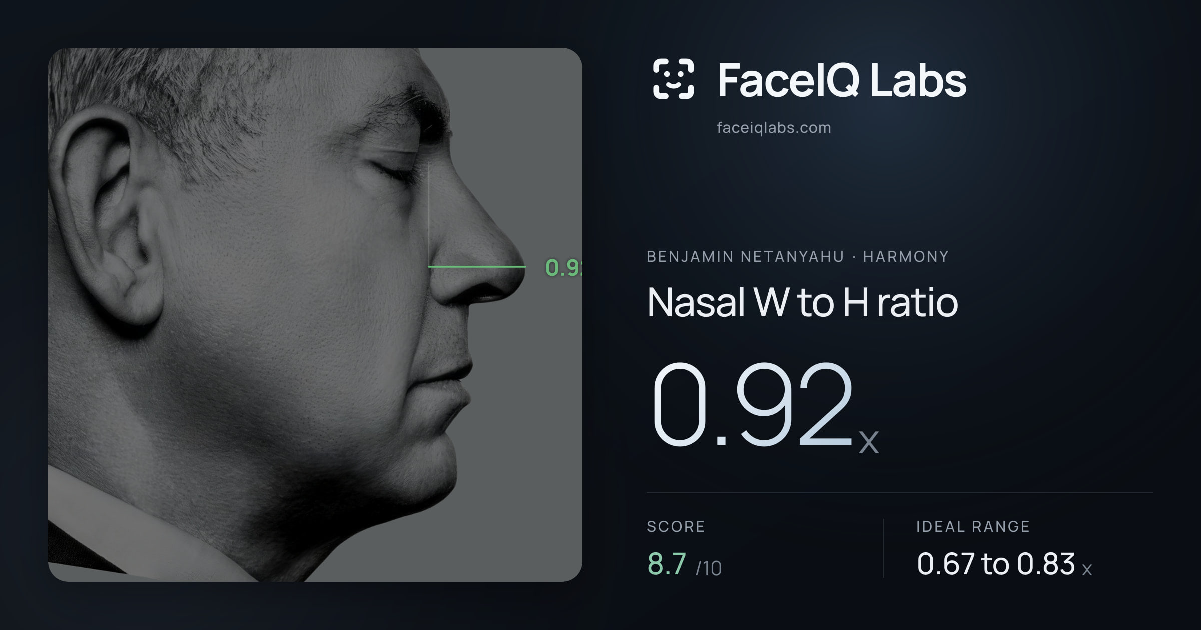 Benjamin Netanyahu Nasal W to H ratio: 0.92x, drawn on the photo
