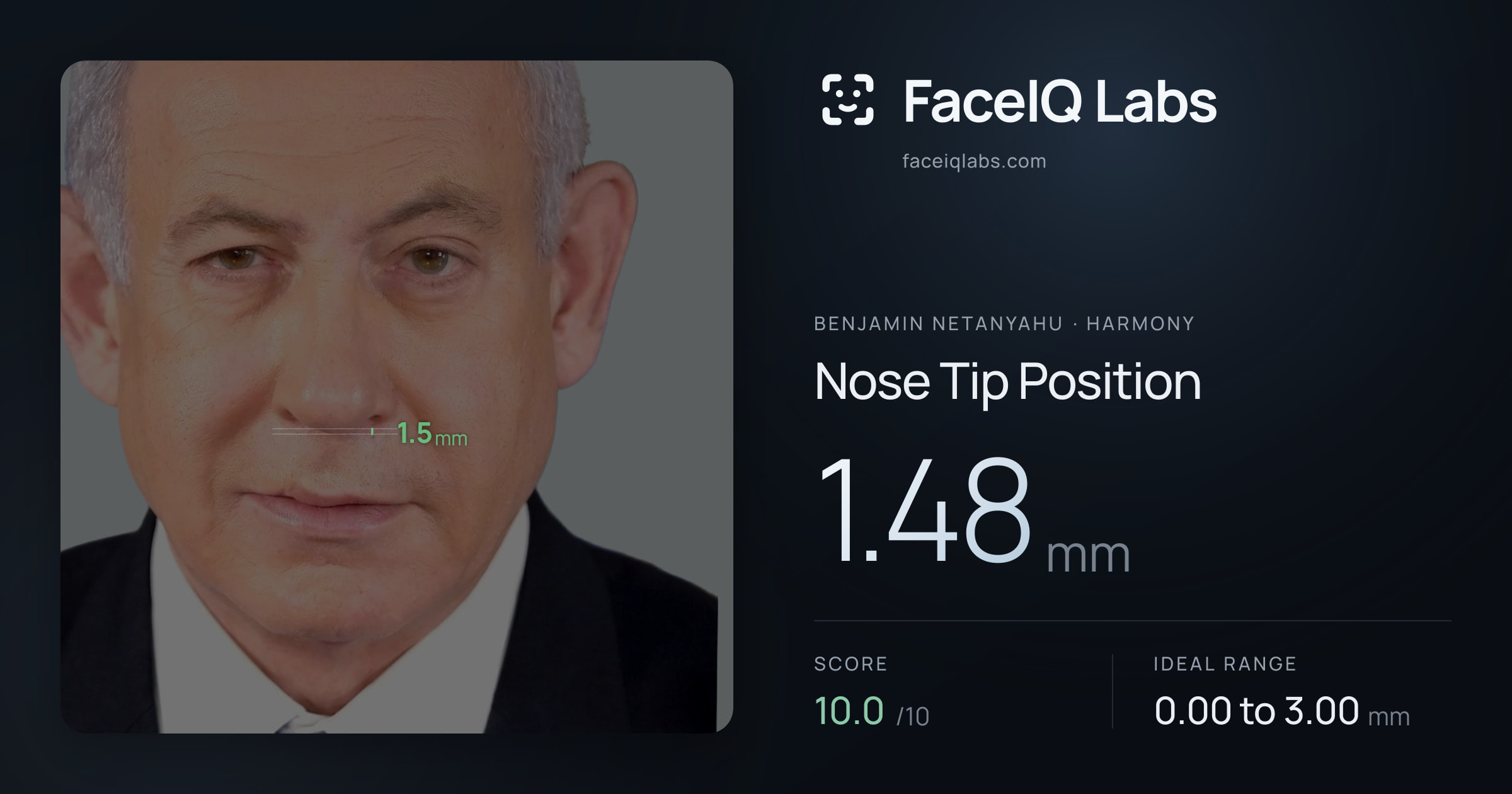 Benjamin Netanyahu Nose Tip Position: 1.48mm, drawn on the photo