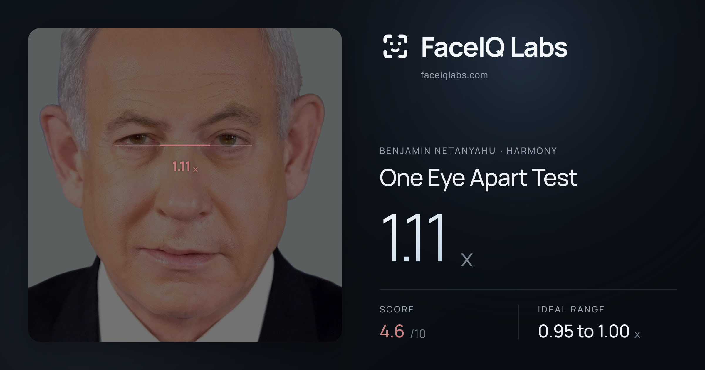 Benjamin Netanyahu One Eye Apart Test: 1.11x, drawn on the photo