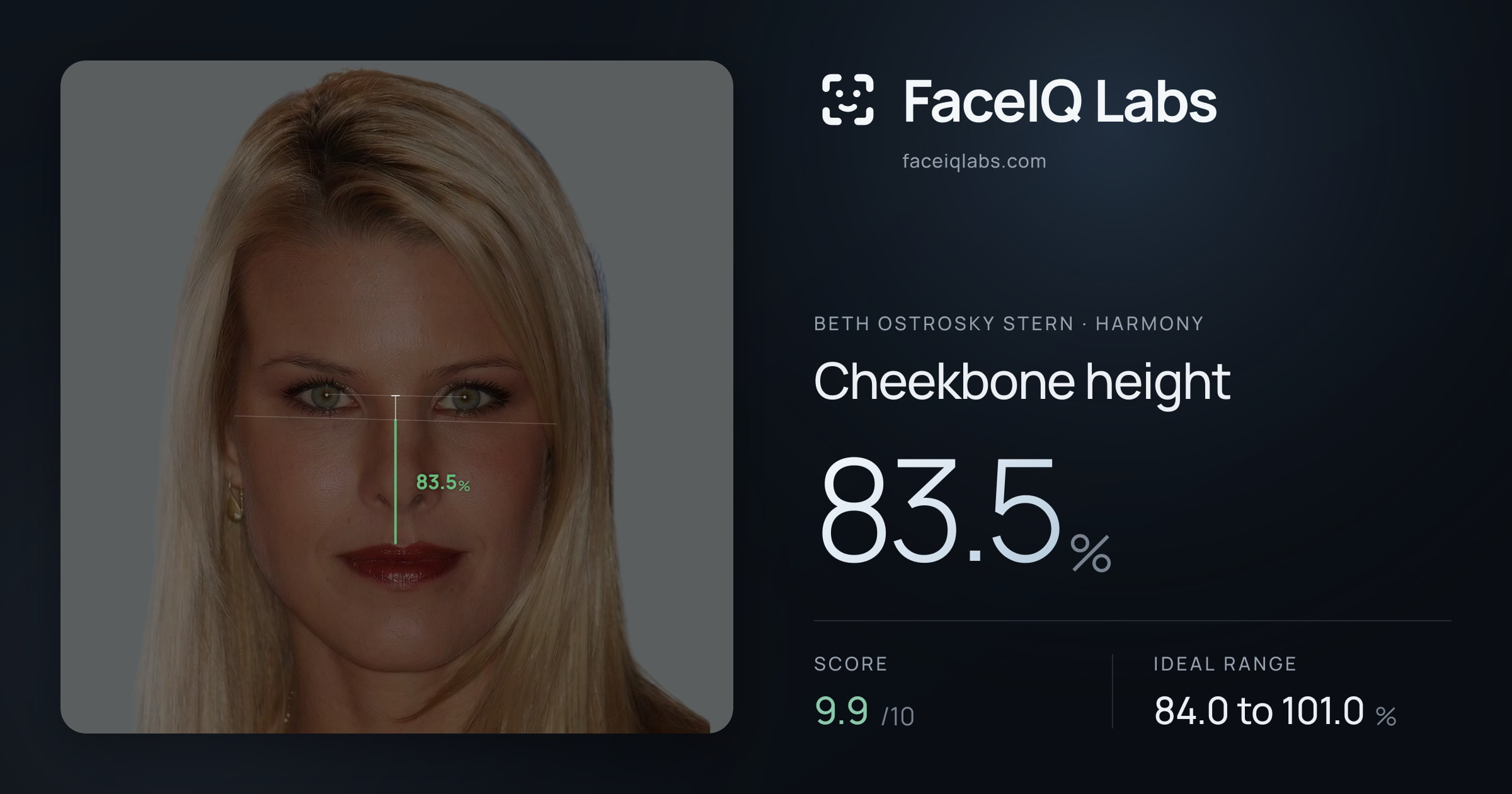 Beth Ostrosky Stern Cheekbone height: 83.5%, drawn on the photo