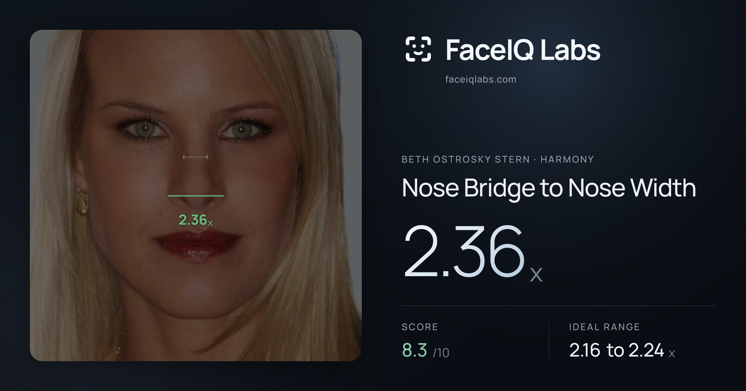 Beth Ostrosky Stern Nose Bridge to Nose Width: 2.36x, drawn on the photo