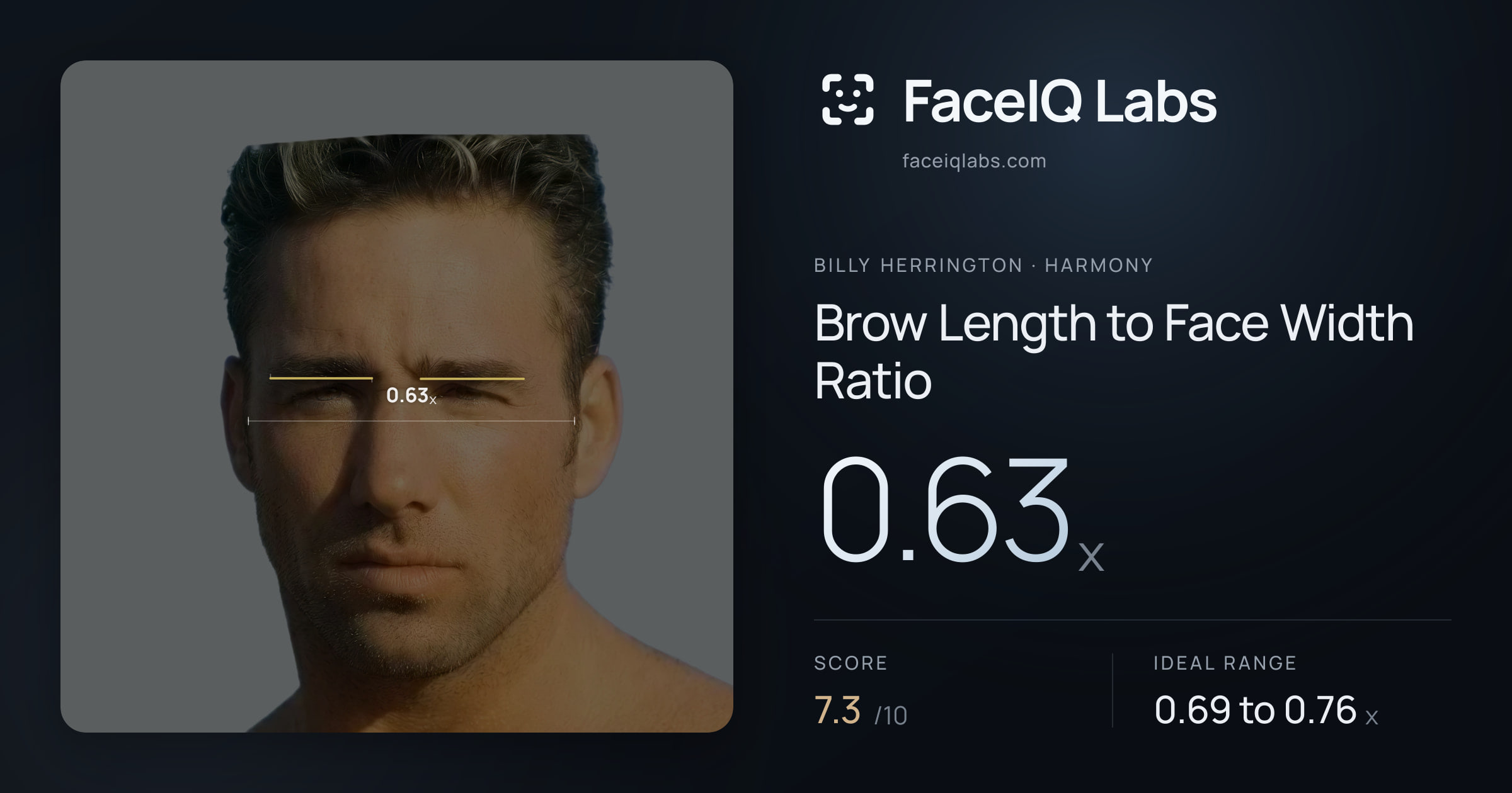 Billy Herrington Brow Length to Face Width Ratio: 0.63x, drawn on the photo