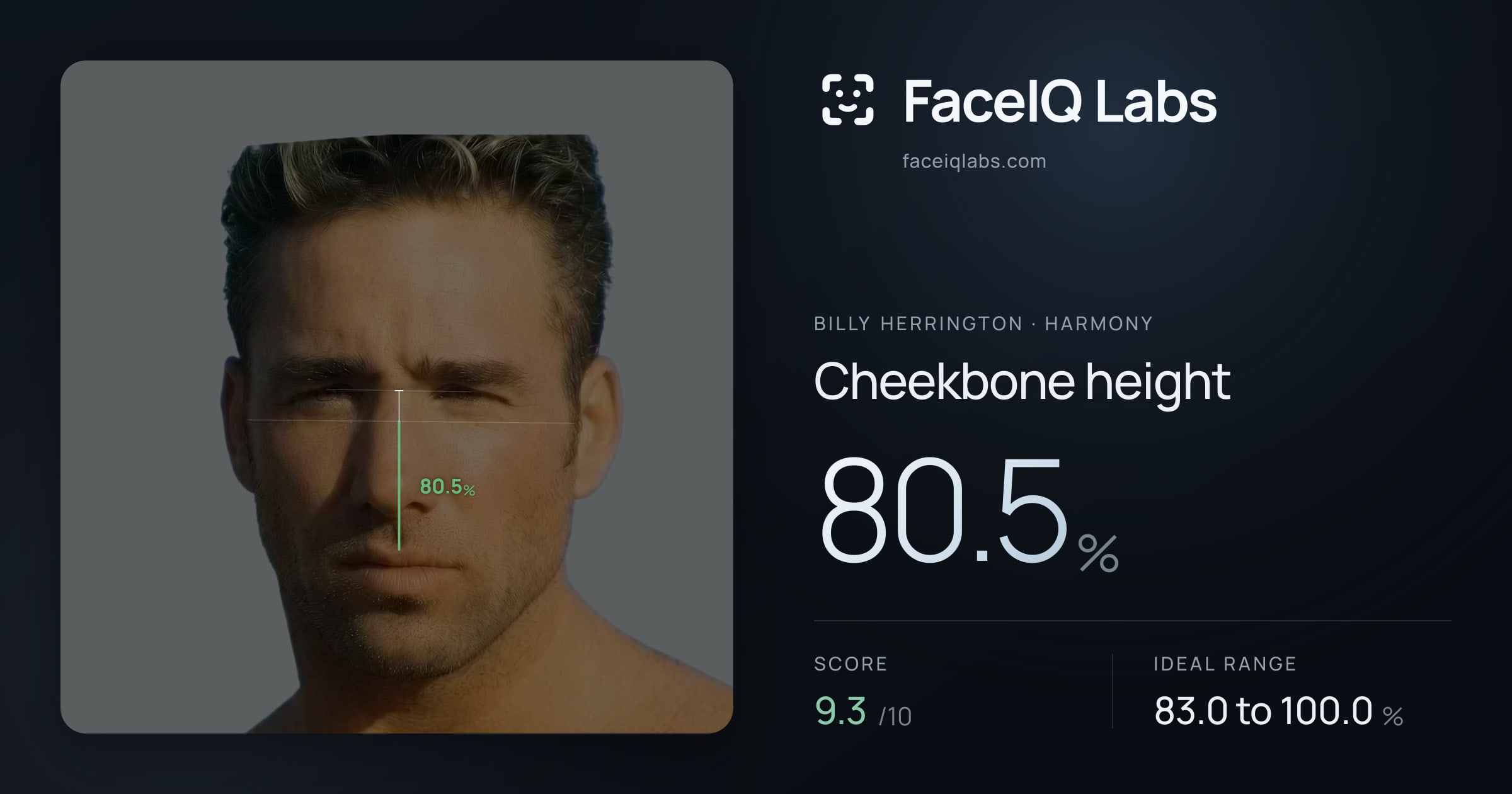 Billy Herrington Cheekbone height: 80.5%, drawn on the photo