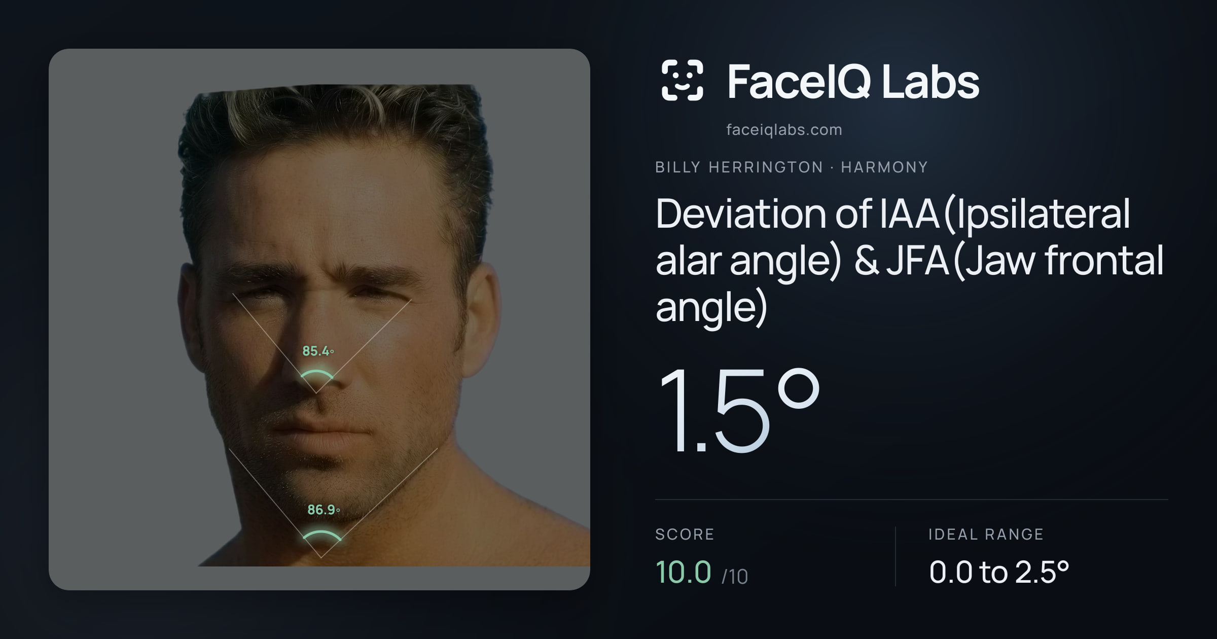 Billy Herrington Deviation of IAA(Ipsilateral alar angle) & JFA(Jaw frontal angle): 1.5°, drawn on the photo