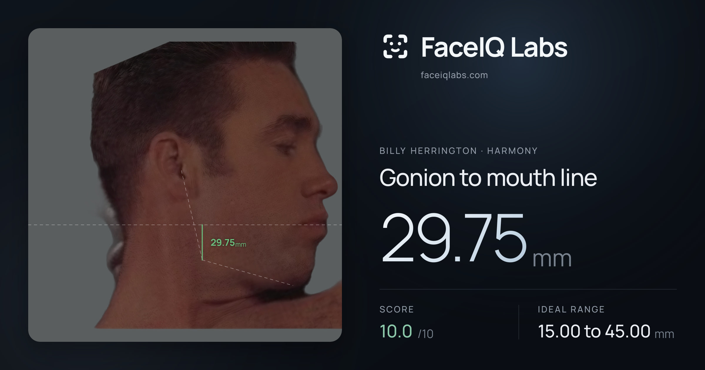Billy Herrington Gonion to mouth line: 29.75mm, drawn on the photo