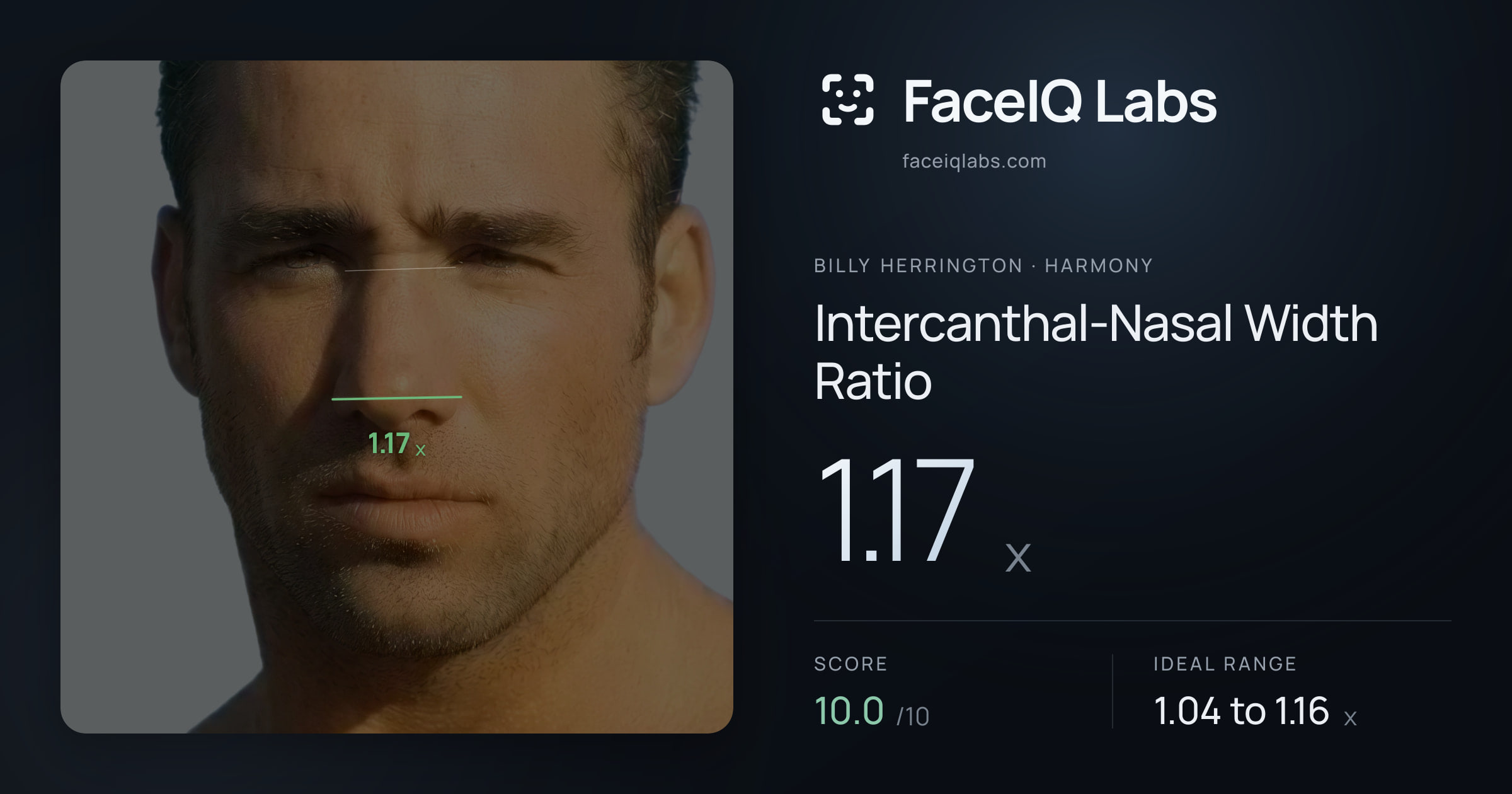 Billy Herrington Intercanthal-Nasal Width Ratio: 1.17x, drawn on the photo