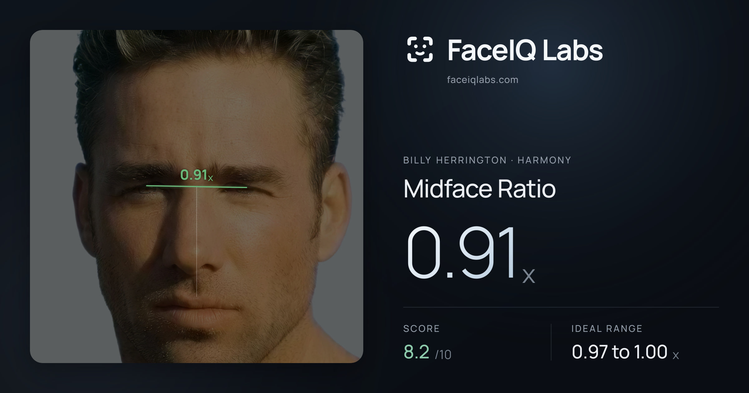 Billy Herrington Midface Ratio: 0.91x, drawn on the photo