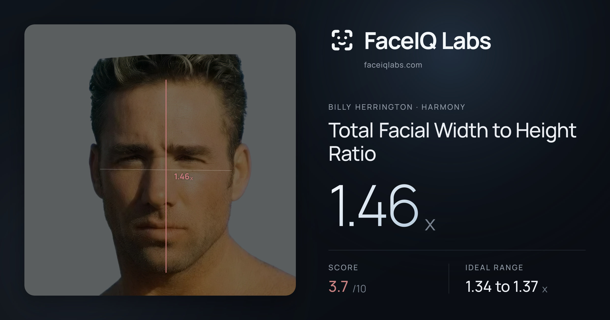 Billy Herrington Total Facial Width to Height Ratio: 1.46x, drawn on the photo