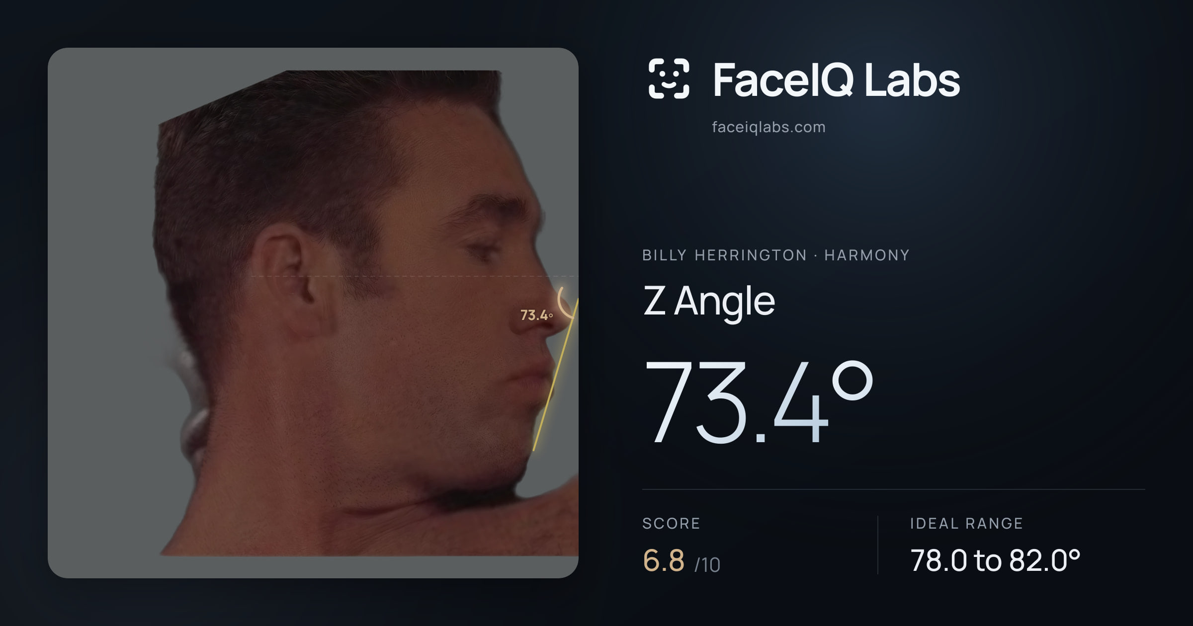 Billy Herrington Z Angle: 73.4°, drawn on the photo