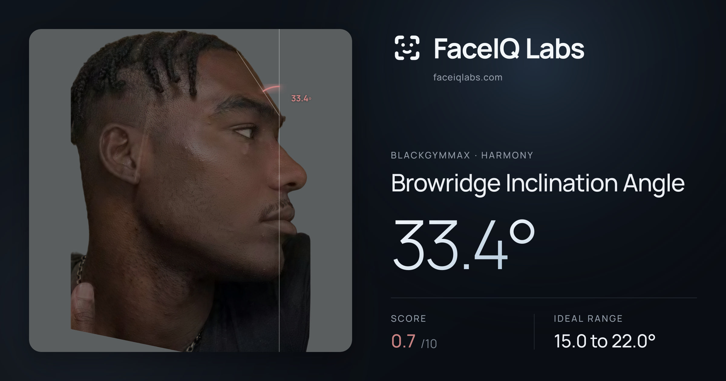 Blackgymmax Browridge Inclination Angle: 33.4°, drawn on the photo