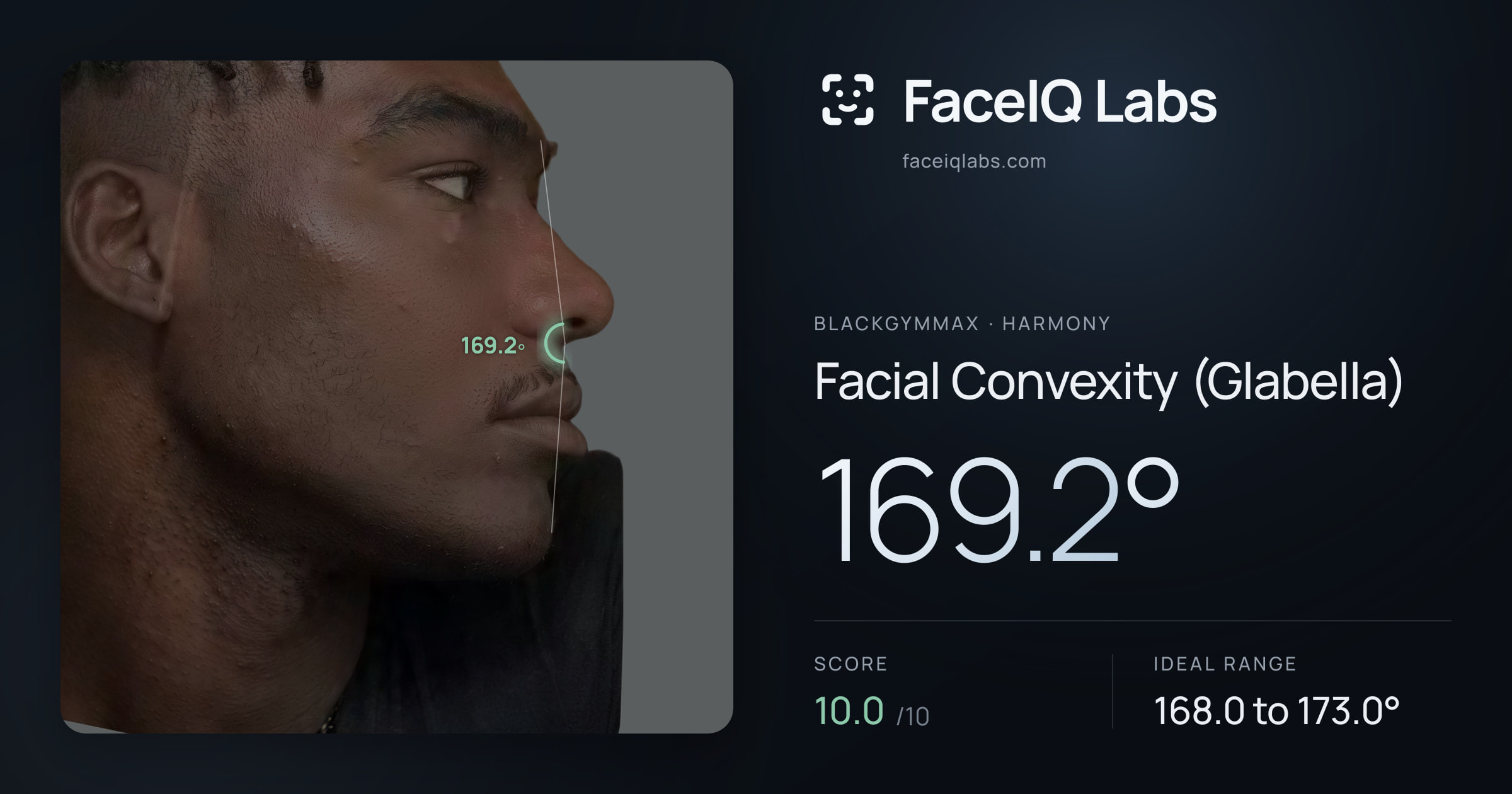 Blackgymmax Facial Convexity (Glabella): 169.2°, drawn on the photo