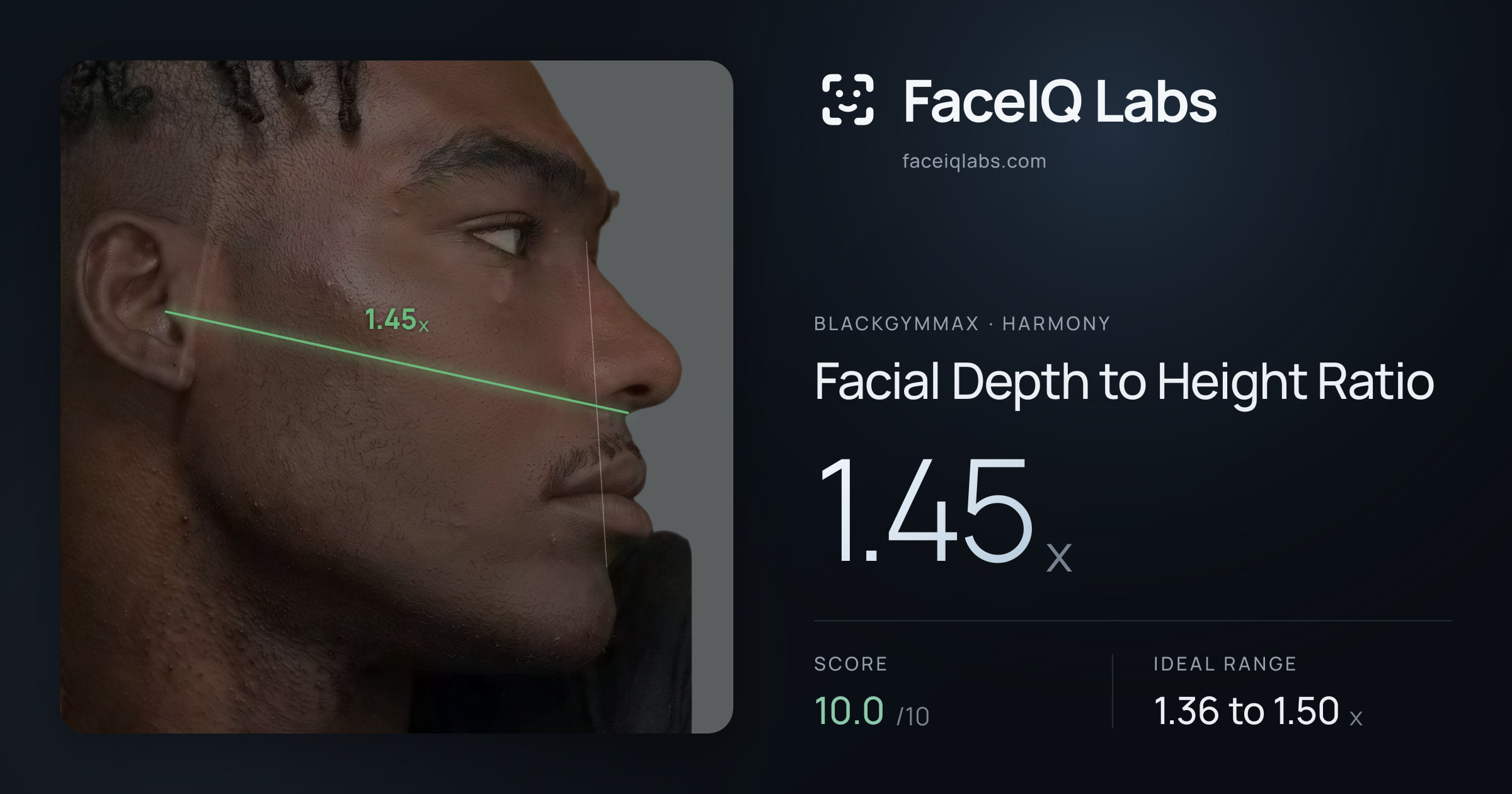 Blackgymmax Facial Depth to Height Ratio: 1.45x, drawn on the photo
