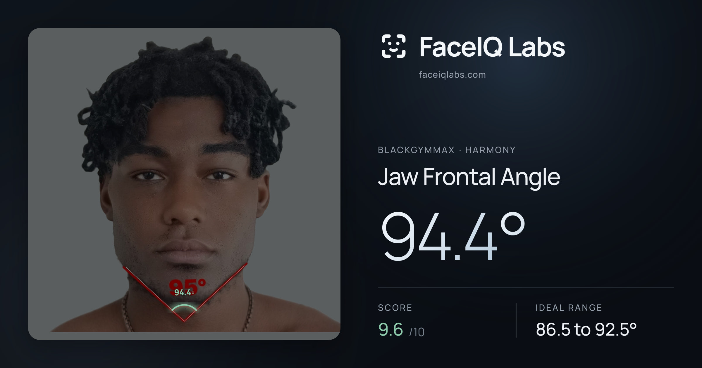 Blackgymmax Jaw Frontal Angle: 94.4°, drawn on the photo