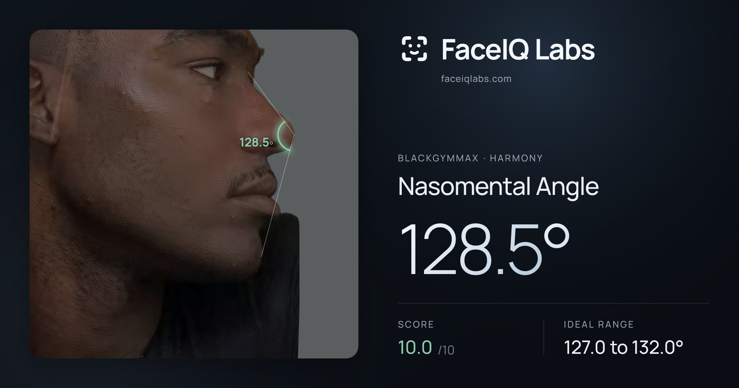 Blackgymmax Nasomental Angle: 128.5°, drawn on the photo