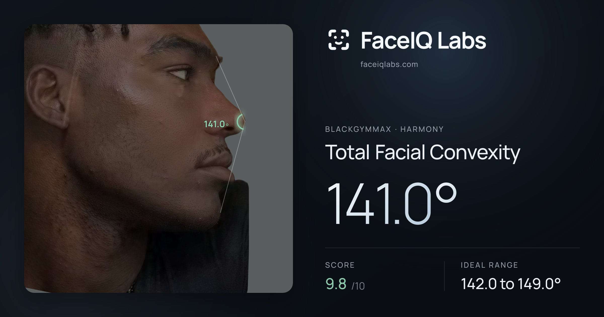 Blackgymmax Total Facial Convexity: 141.0°, drawn on the photo