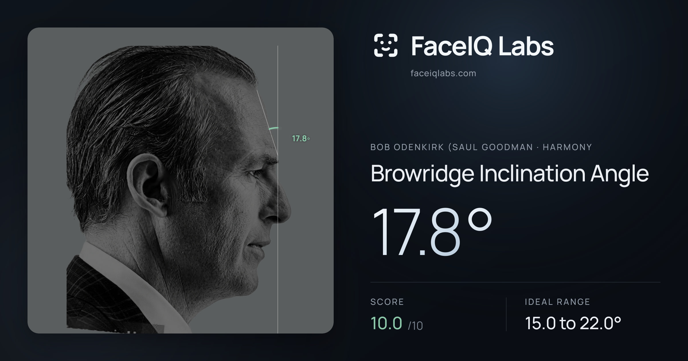 Bob Odenkirk (Saul Goodman Browridge Inclination Angle: 17.8°, drawn on the photo
