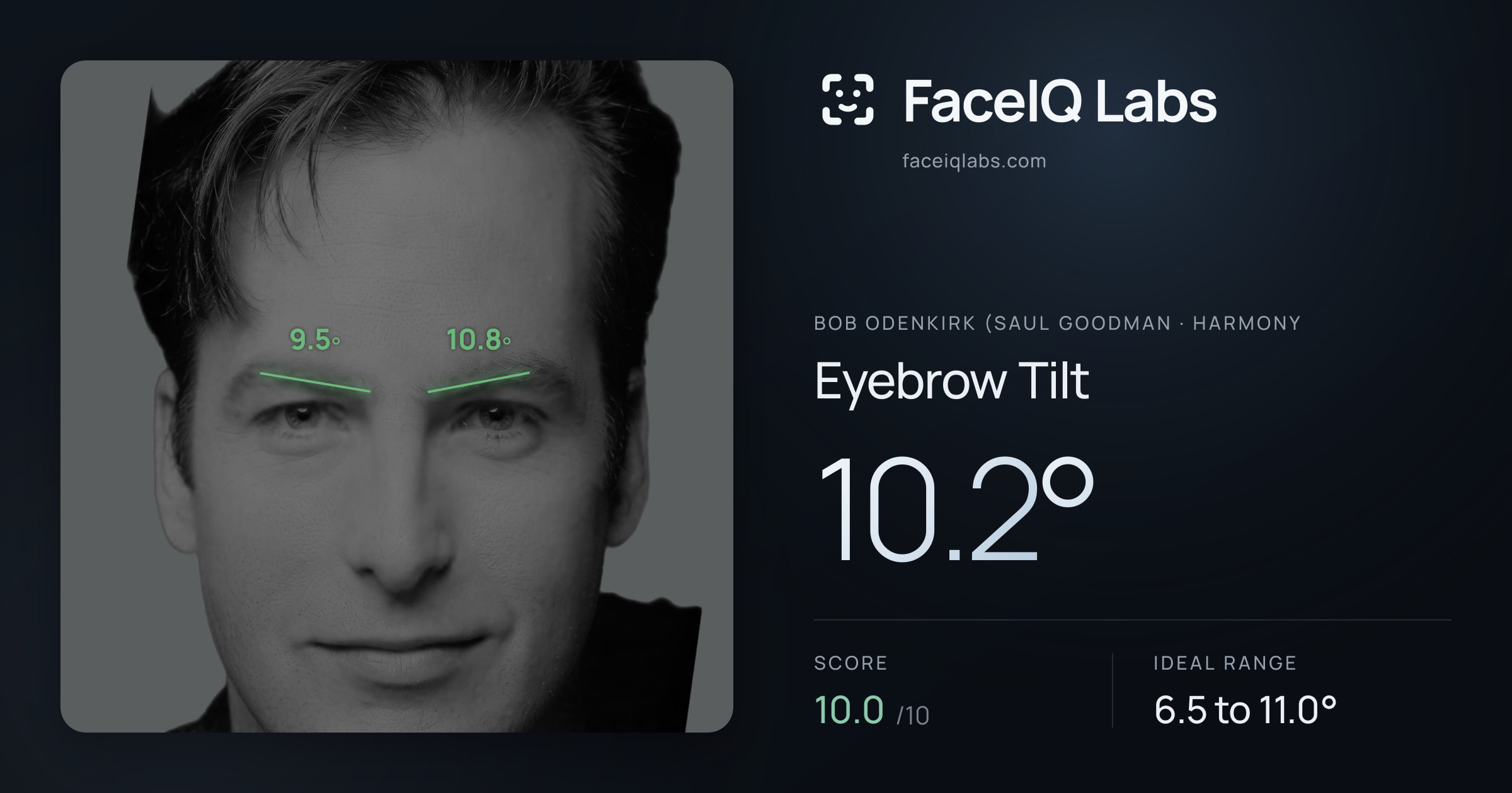 Bob Odenkirk (Saul Goodman Eyebrow Tilt: 10.2°, drawn on the photo
