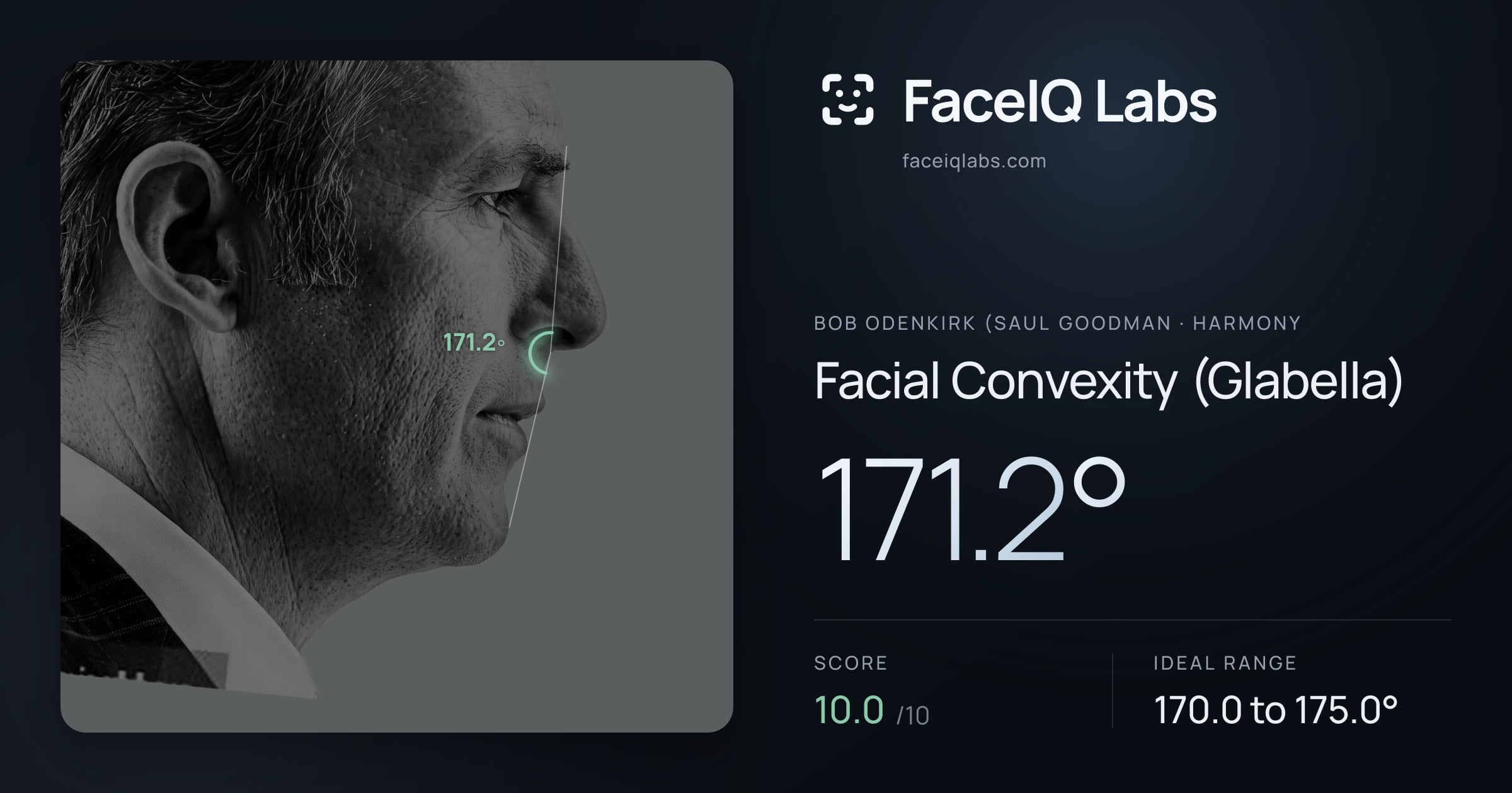 Bob Odenkirk (Saul Goodman Facial Convexity (Glabella): 171.2°, drawn on the photo