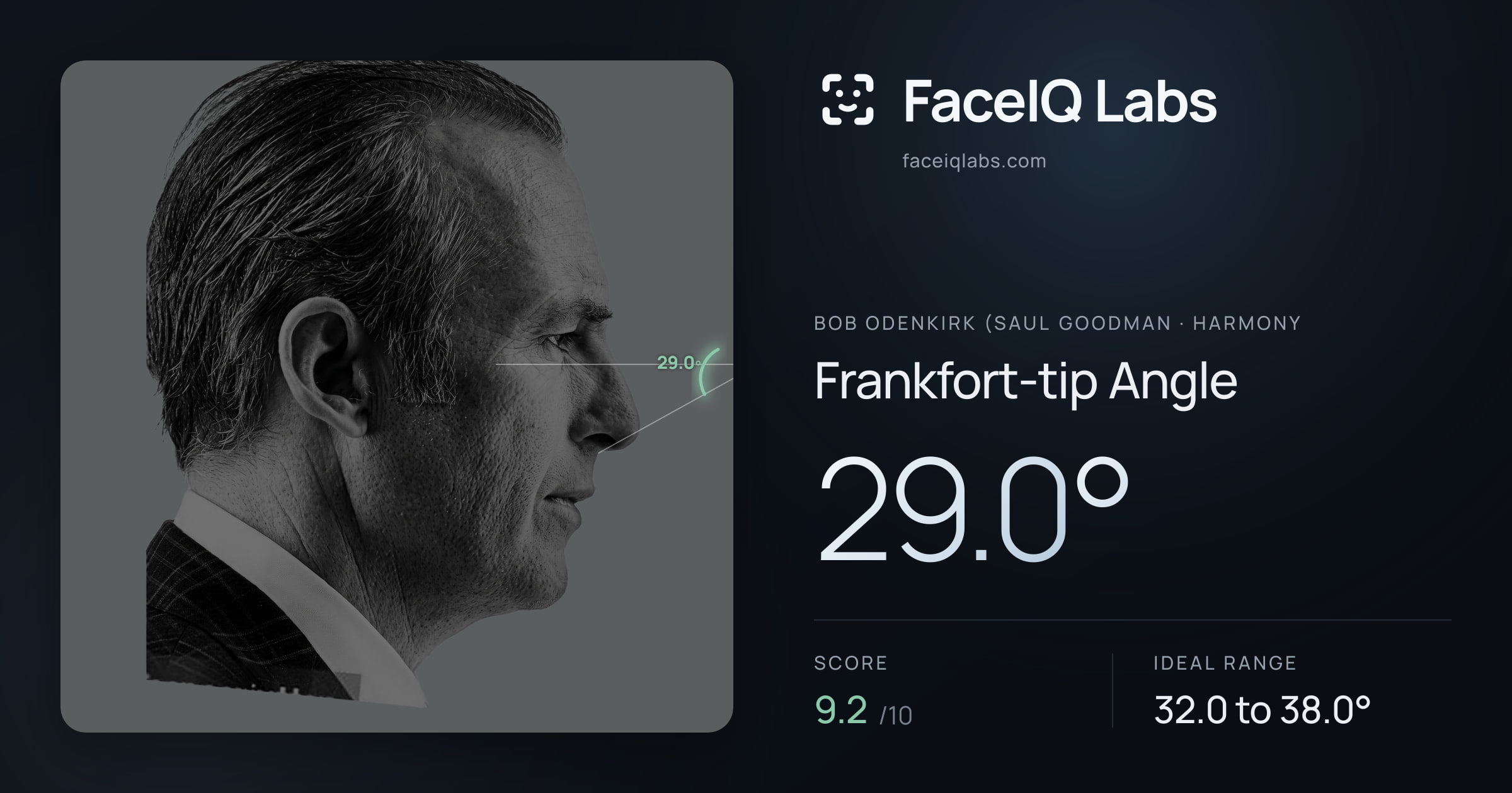 Bob Odenkirk (Saul Goodman Frankfort-tip Angle: 29.0°, drawn on the photo