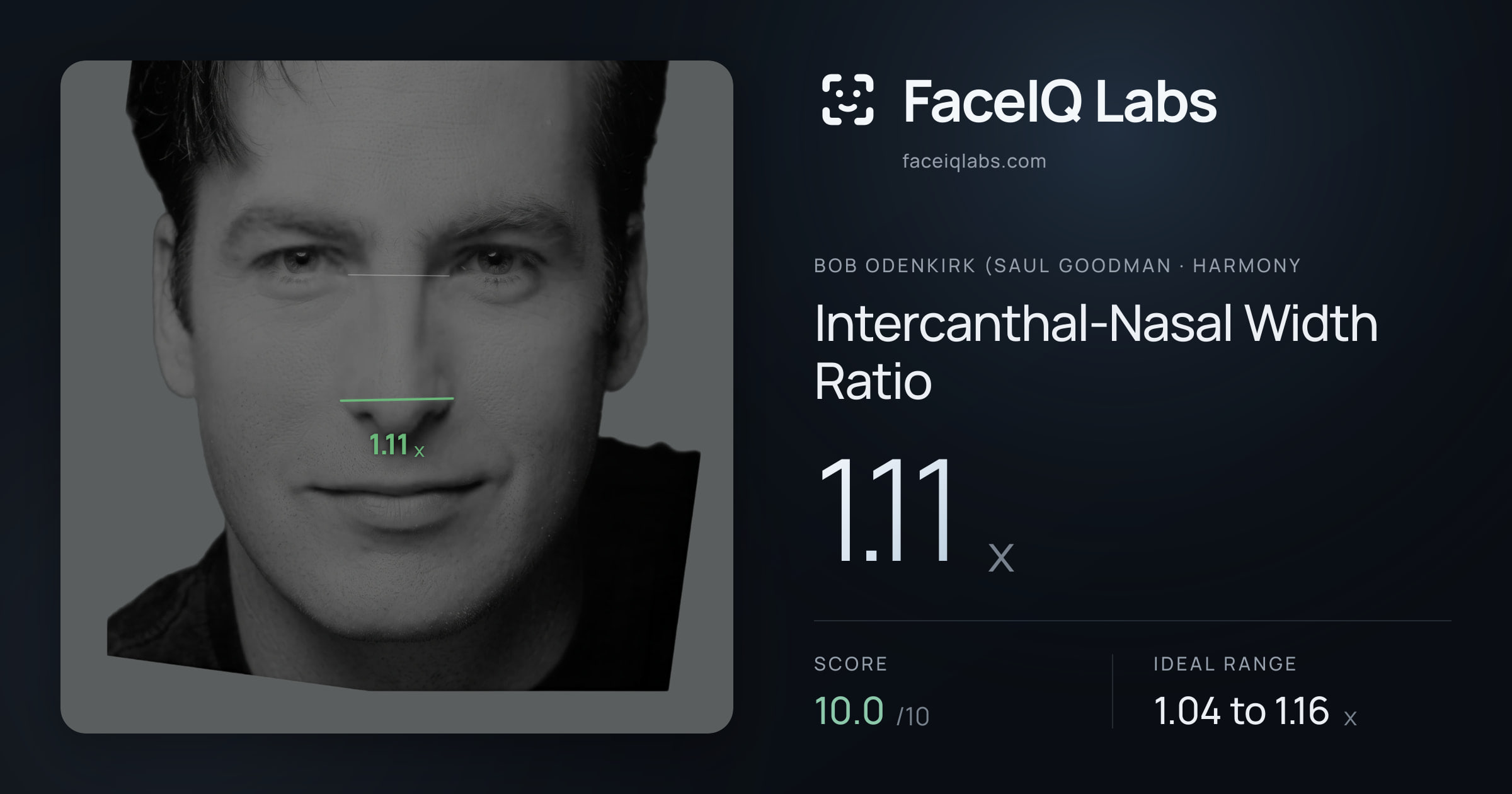 Bob Odenkirk (Saul Goodman Intercanthal-Nasal Width Ratio: 1.11x, drawn on the photo