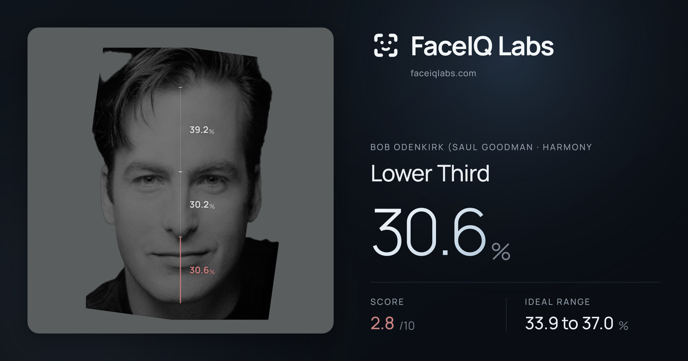 Bob Odenkirk (Saul Goodman Lower Third: 30.6%, drawn on the photo
