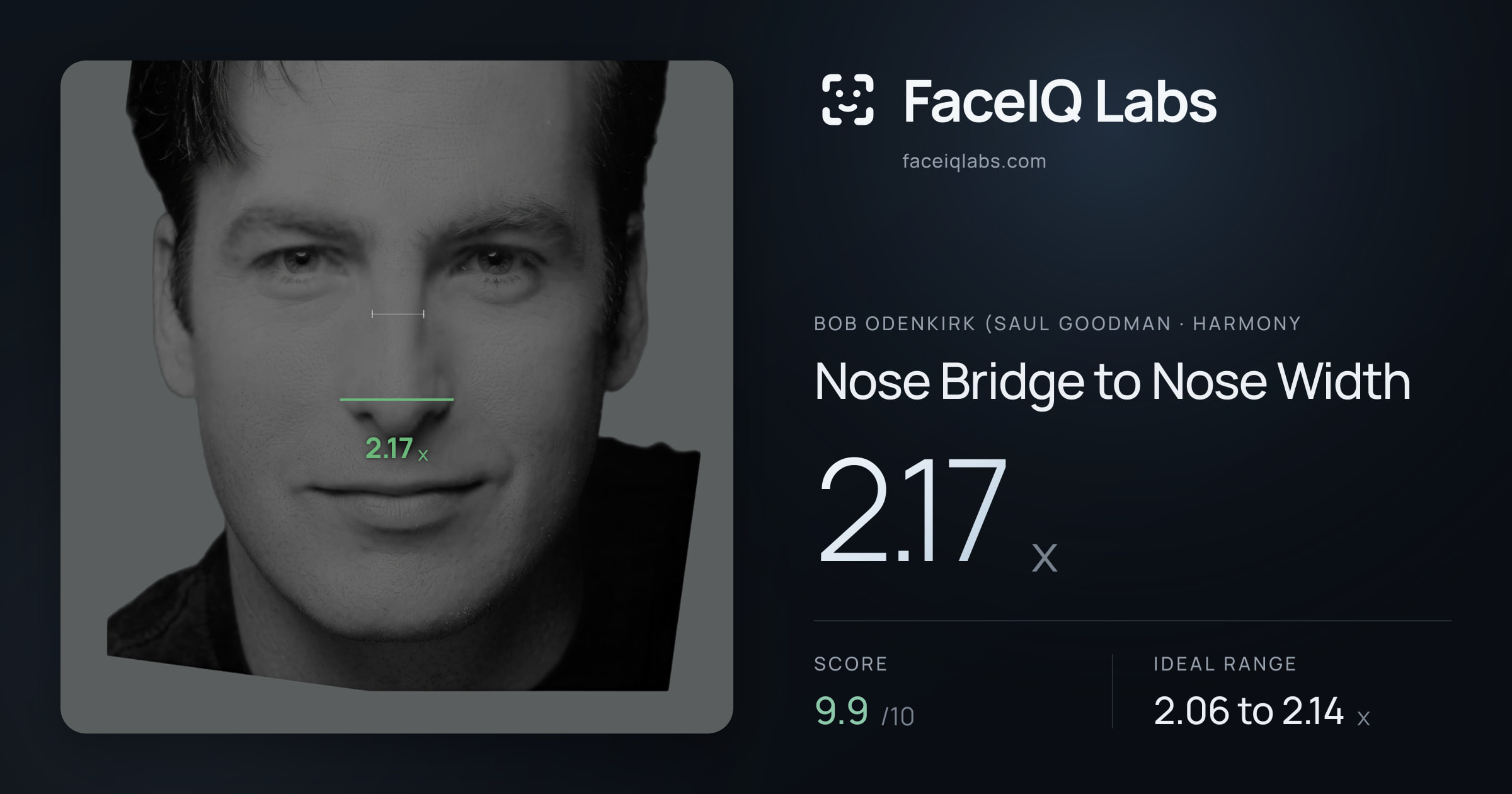 Bob Odenkirk (Saul Goodman Nose Bridge to Nose Width: 2.17x, drawn on the photo