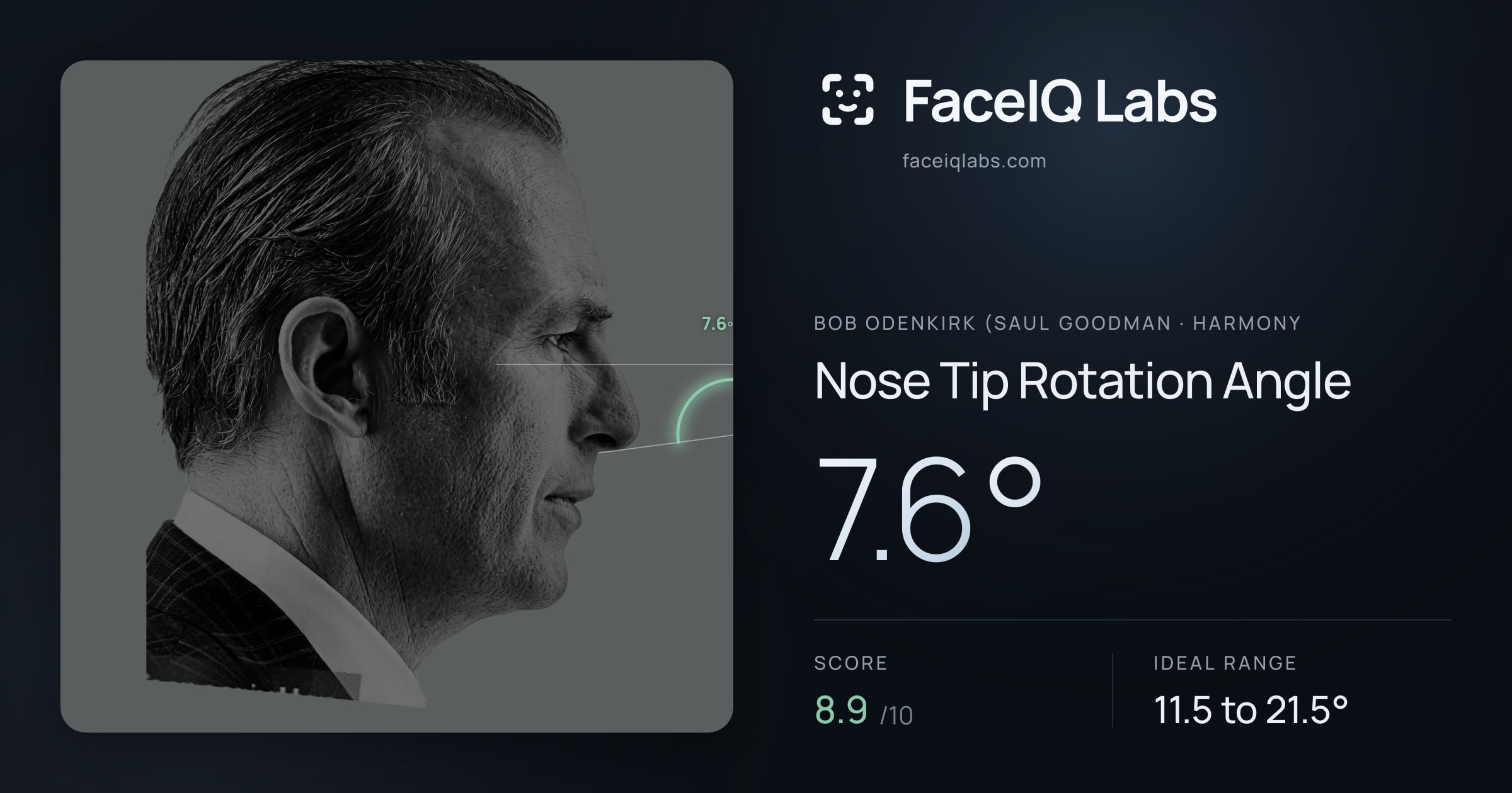 Bob Odenkirk (Saul Goodman Nose Tip Rotation Angle: 7.6°, drawn on the photo