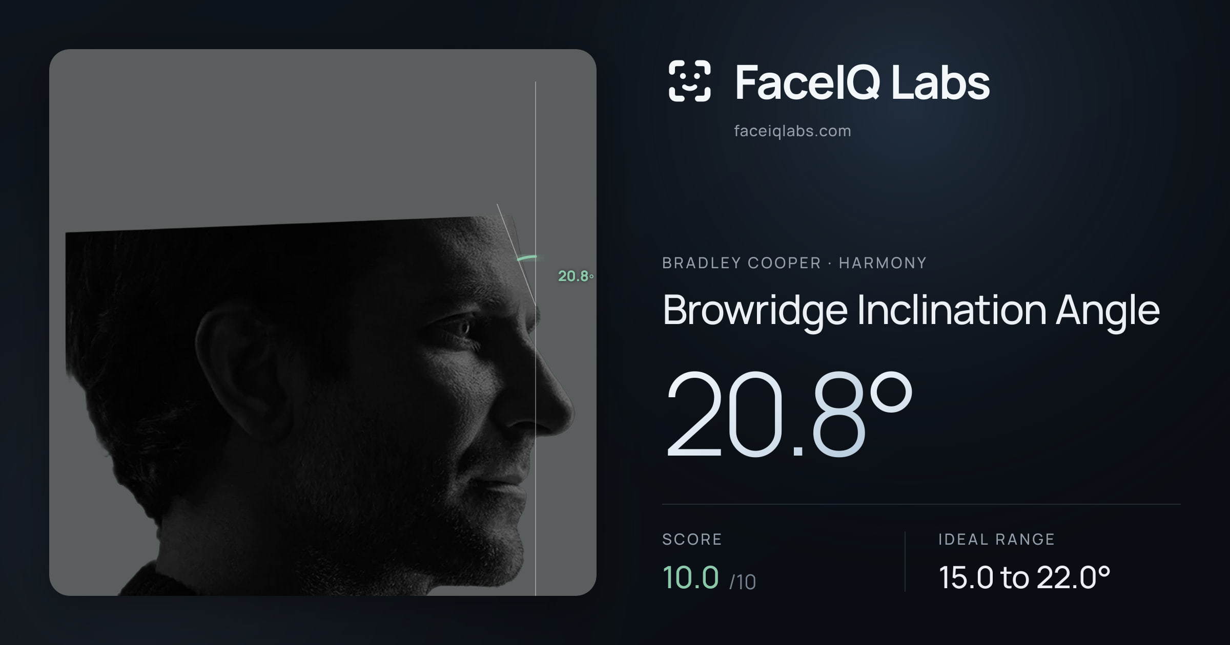 Bradley Cooper Browridge Inclination Angle: 20.8°, drawn on the photo