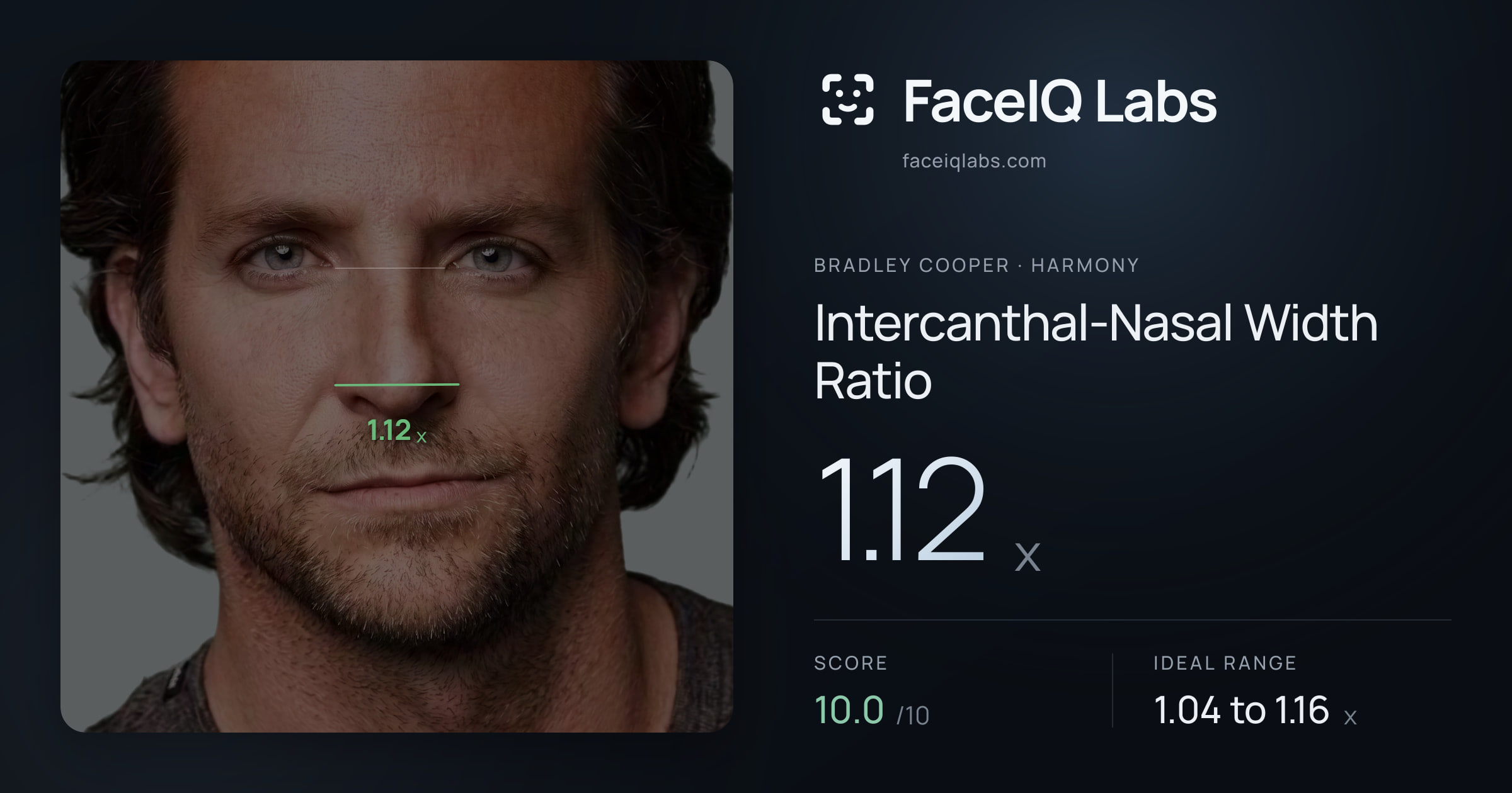 Bradley Cooper Intercanthal-Nasal Width Ratio: 1.12x, drawn on the photo