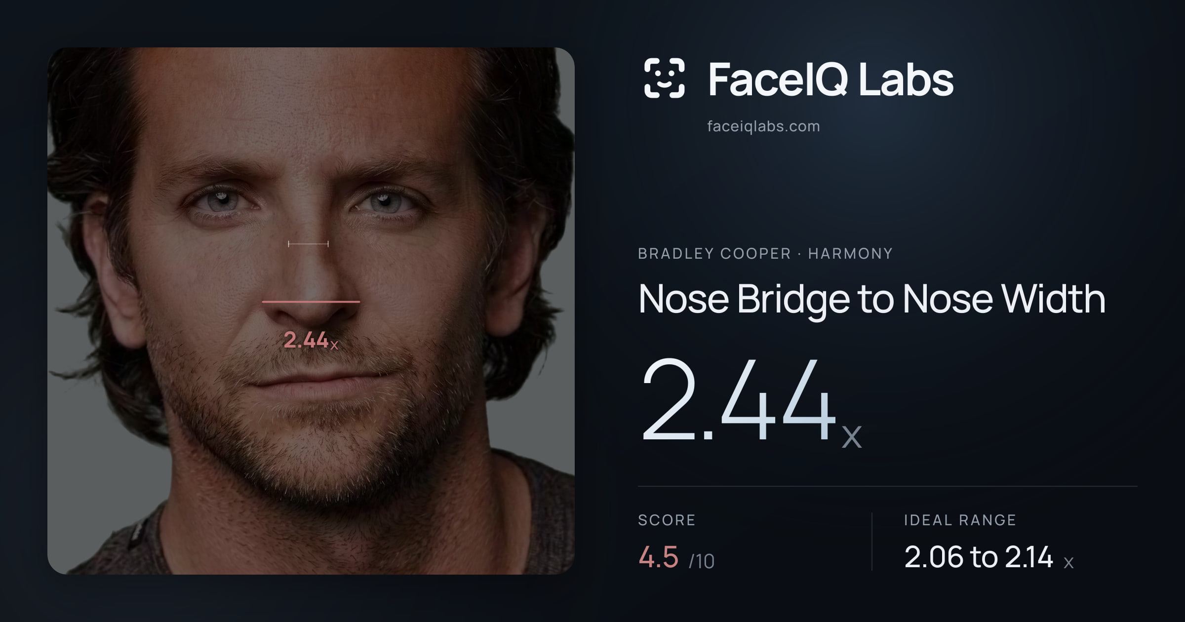 Bradley Cooper Nose Bridge to Nose Width: 2.44x, drawn on the photo