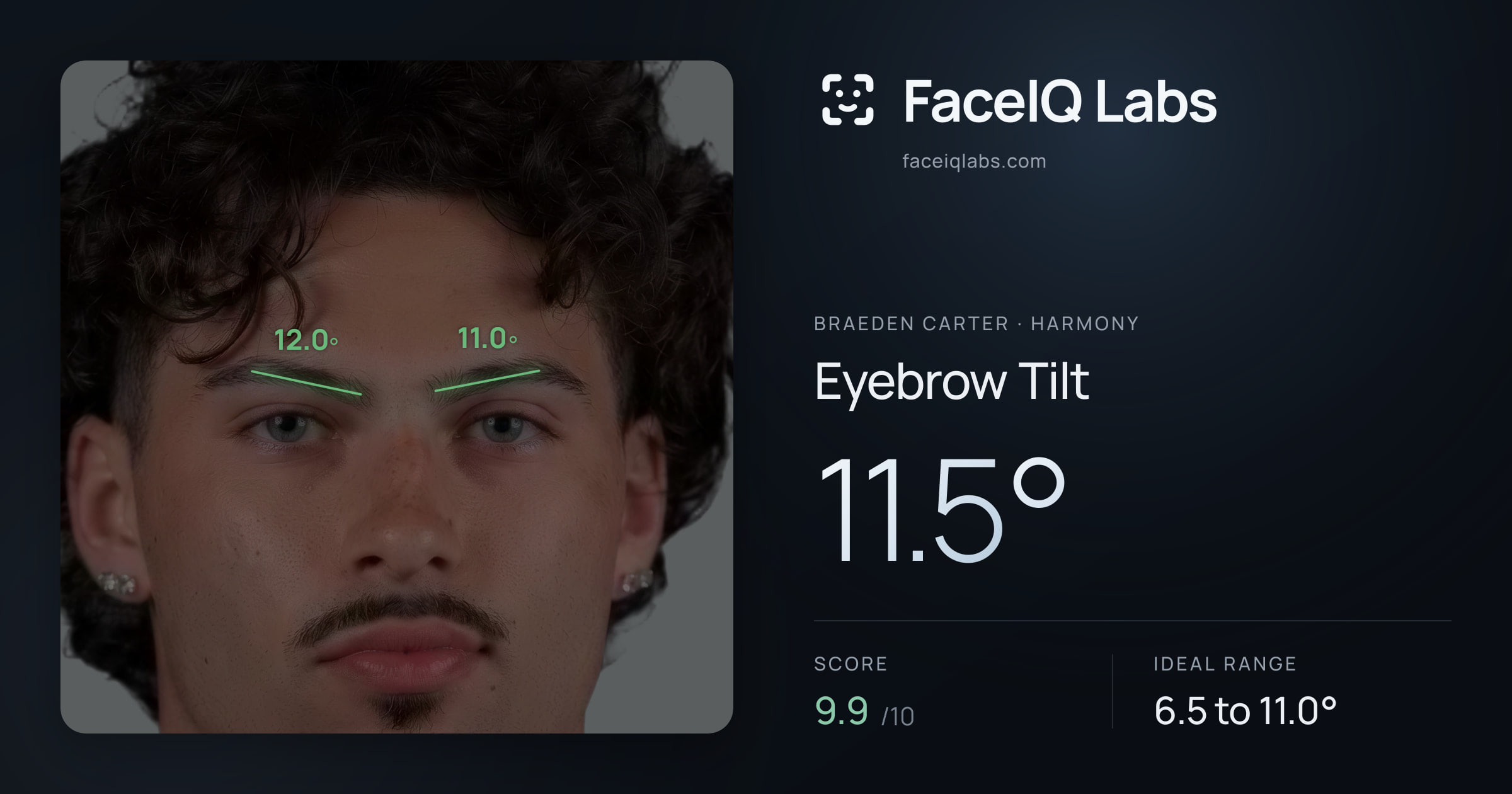 Braeden Carter Eyebrow Tilt: 11.5°, drawn on the photo