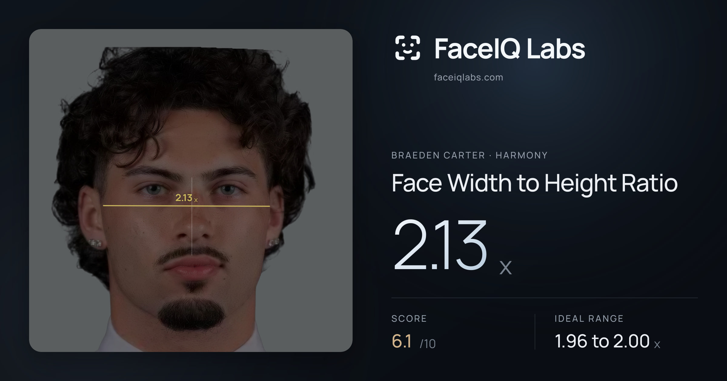 Braeden Carter Face Width to Height Ratio: 2.13x, drawn on the photo