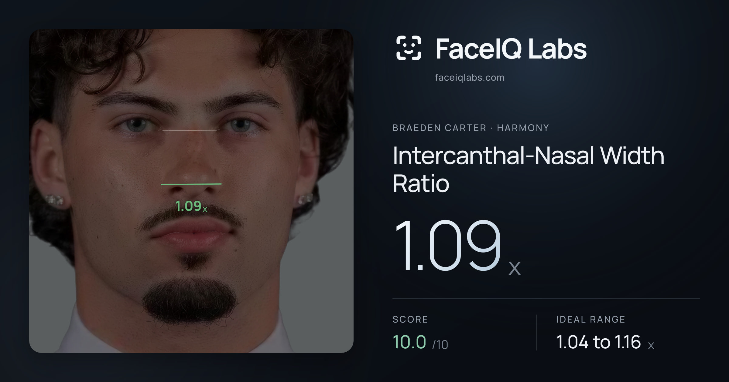 Braeden Carter Intercanthal-Nasal Width Ratio: 1.09x, drawn on the photo
