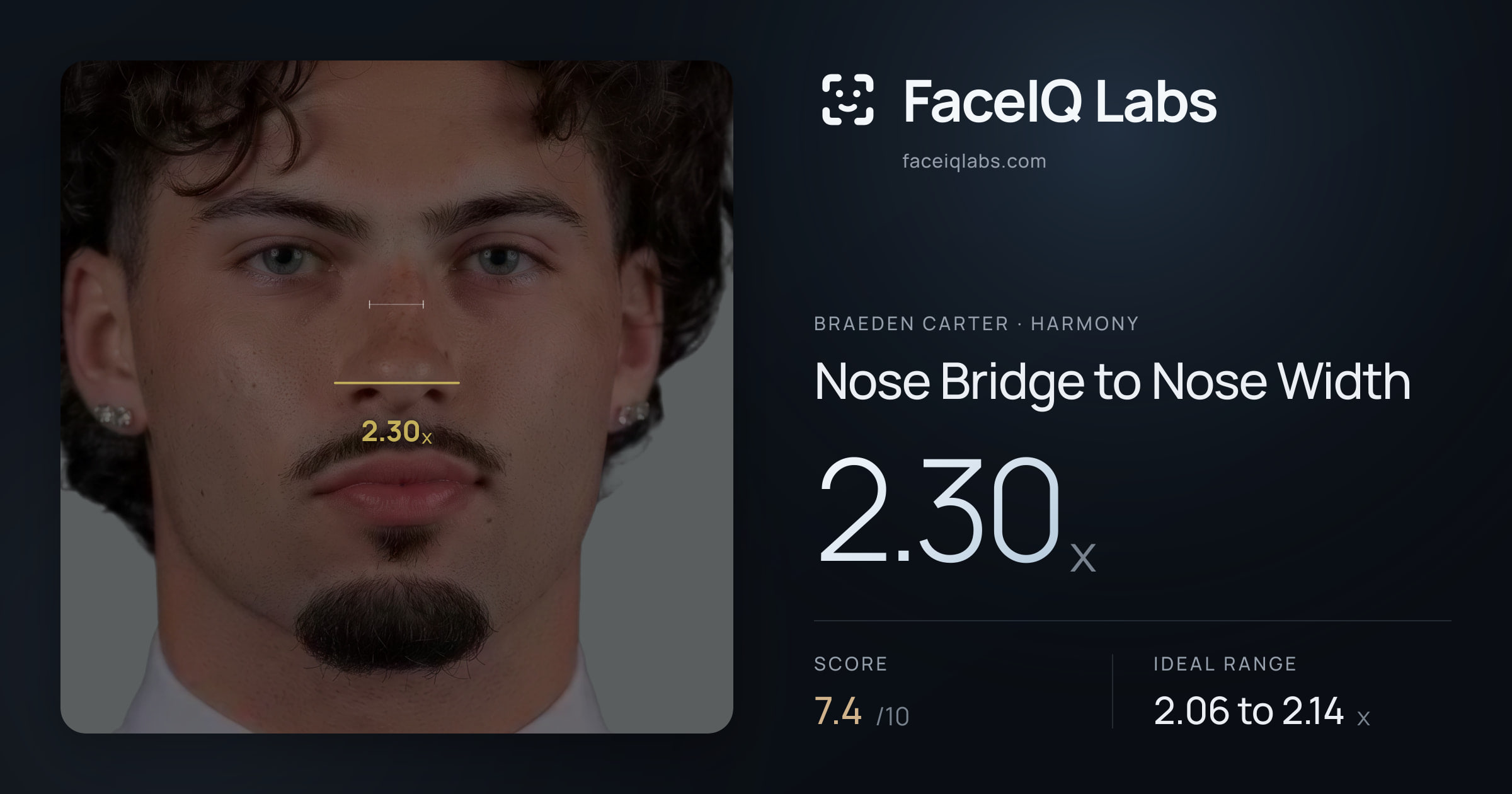 Braeden Carter Nose Bridge to Nose Width: 2.30x, drawn on the photo