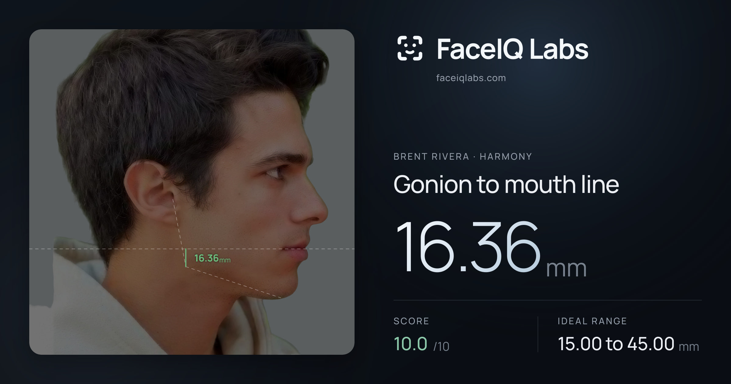 Brent Rivera Gonion to mouth line: 16.36mm, drawn on the photo