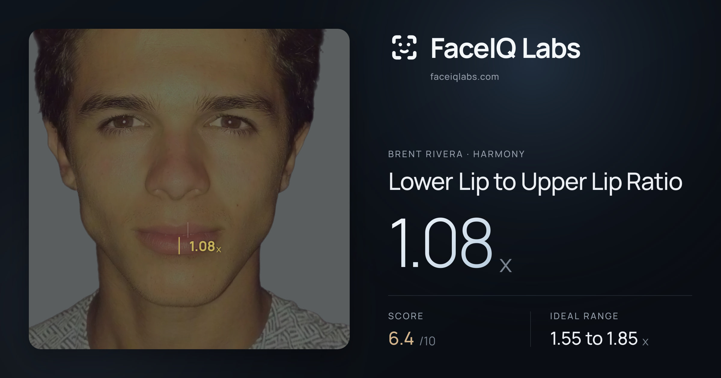 Brent Rivera Lower Lip to Upper Lip Ratio: 1.08x, drawn on the photo