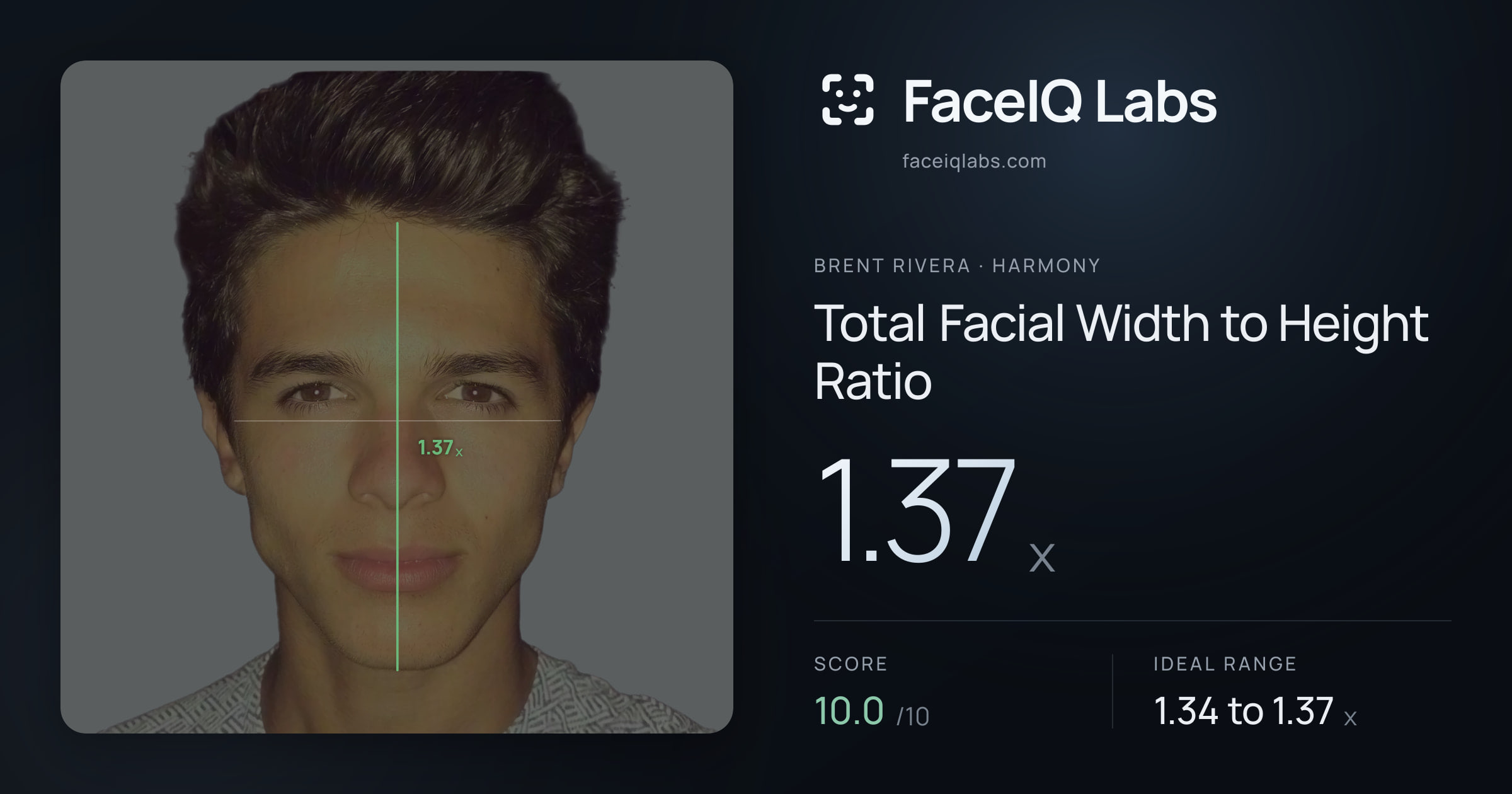 Brent Rivera Total Facial Width to Height Ratio: 1.37x, drawn on the photo