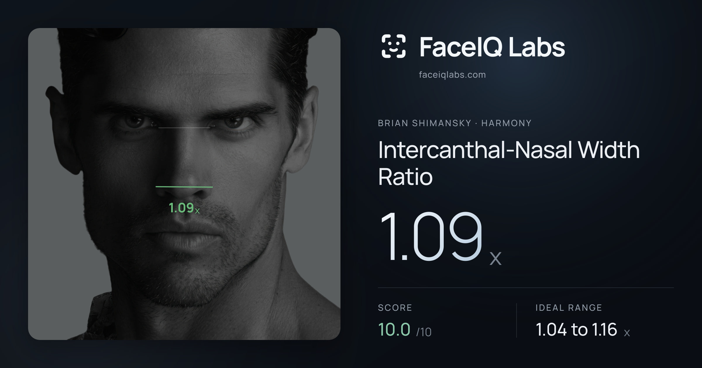 Brian Shimansky Intercanthal-Nasal Width Ratio: 1.09x, drawn on the photo
